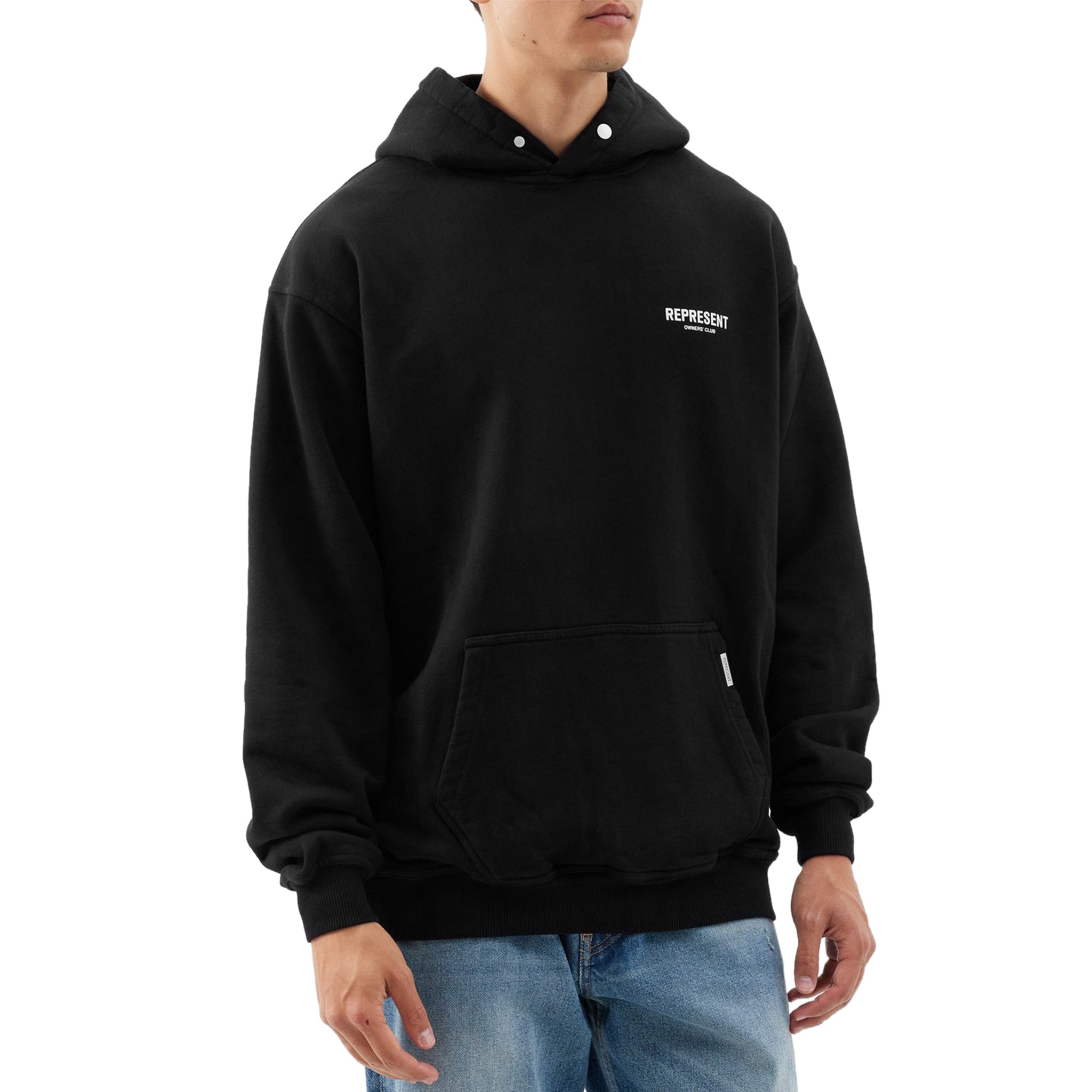Model front view of Represent Owners Club Black Hoodie M04153-01
