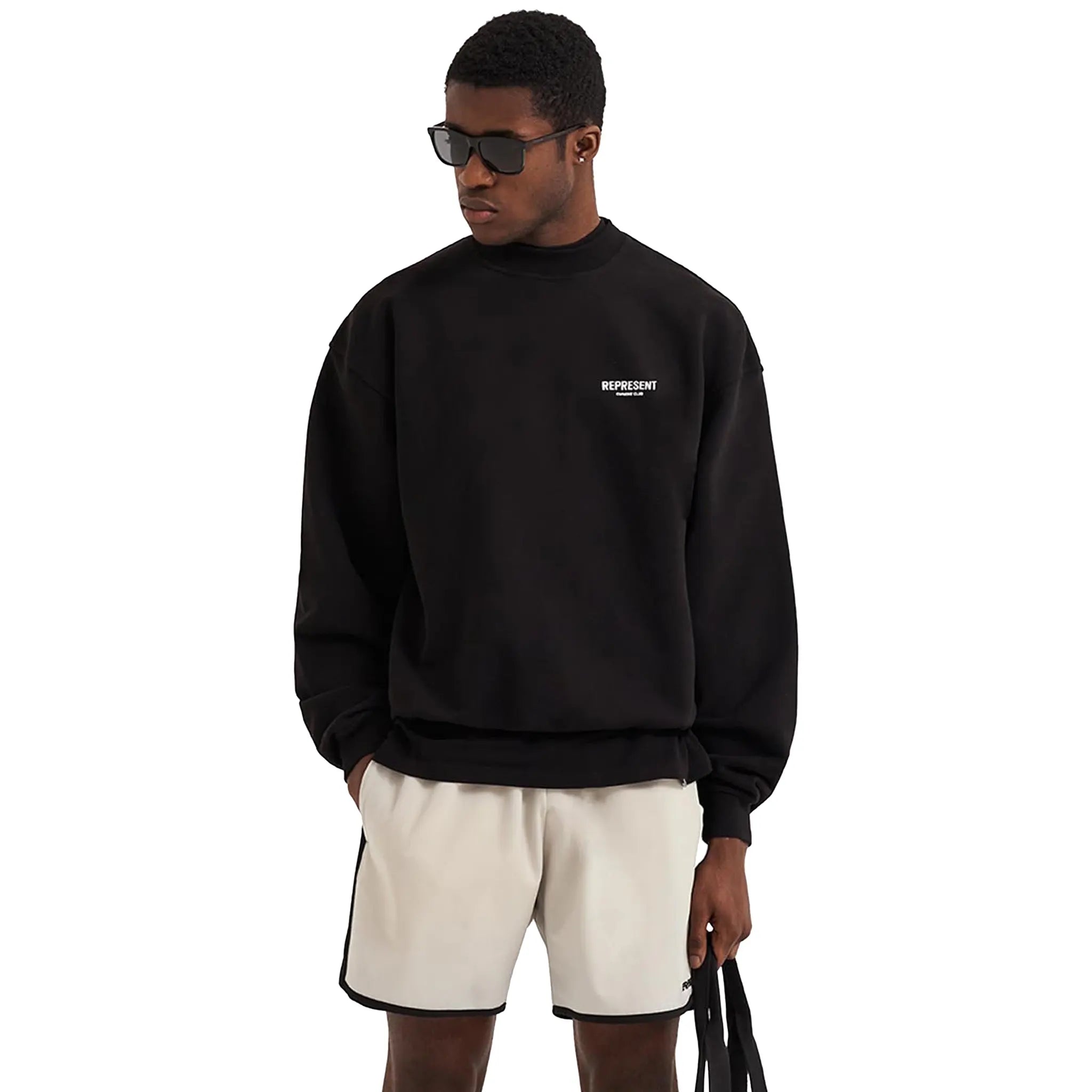 Model Front view of Represent Owners Club Black Sweatshirt M04159-01
