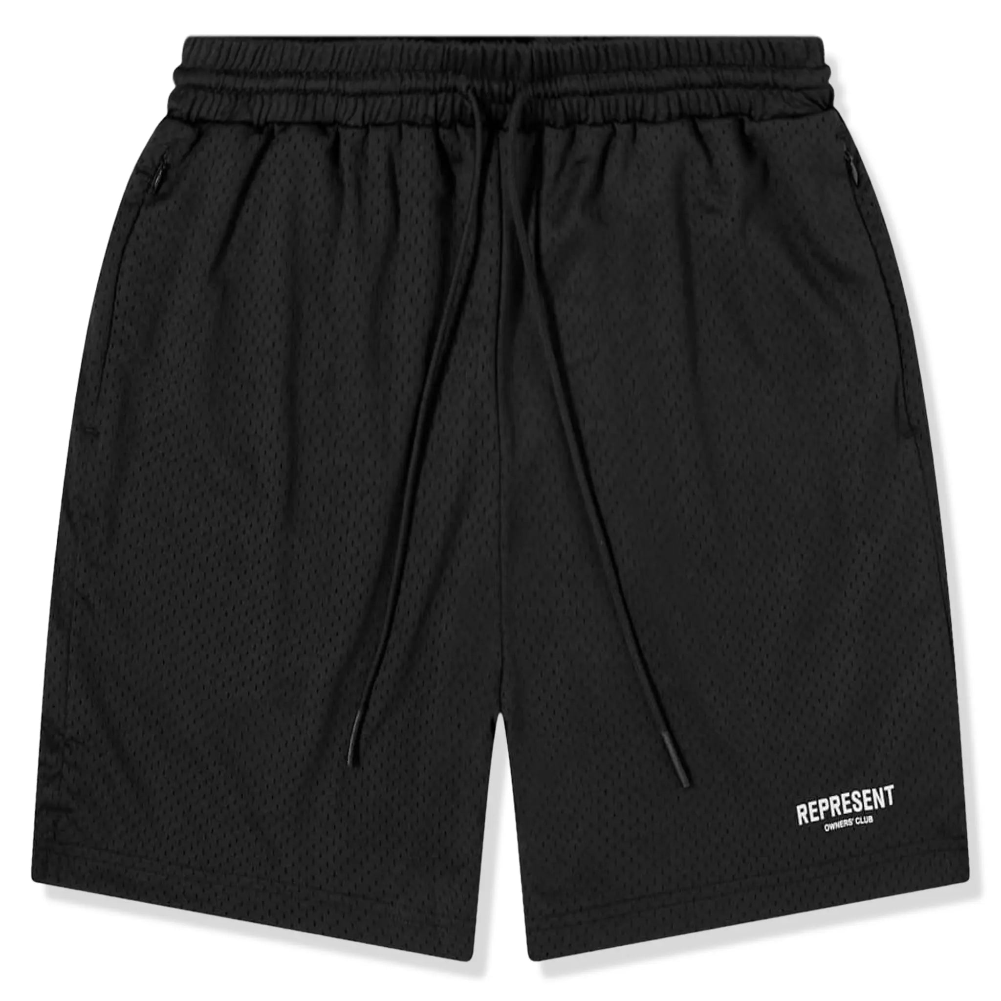 Front view of represent owners club mesh black shorts m09050-01