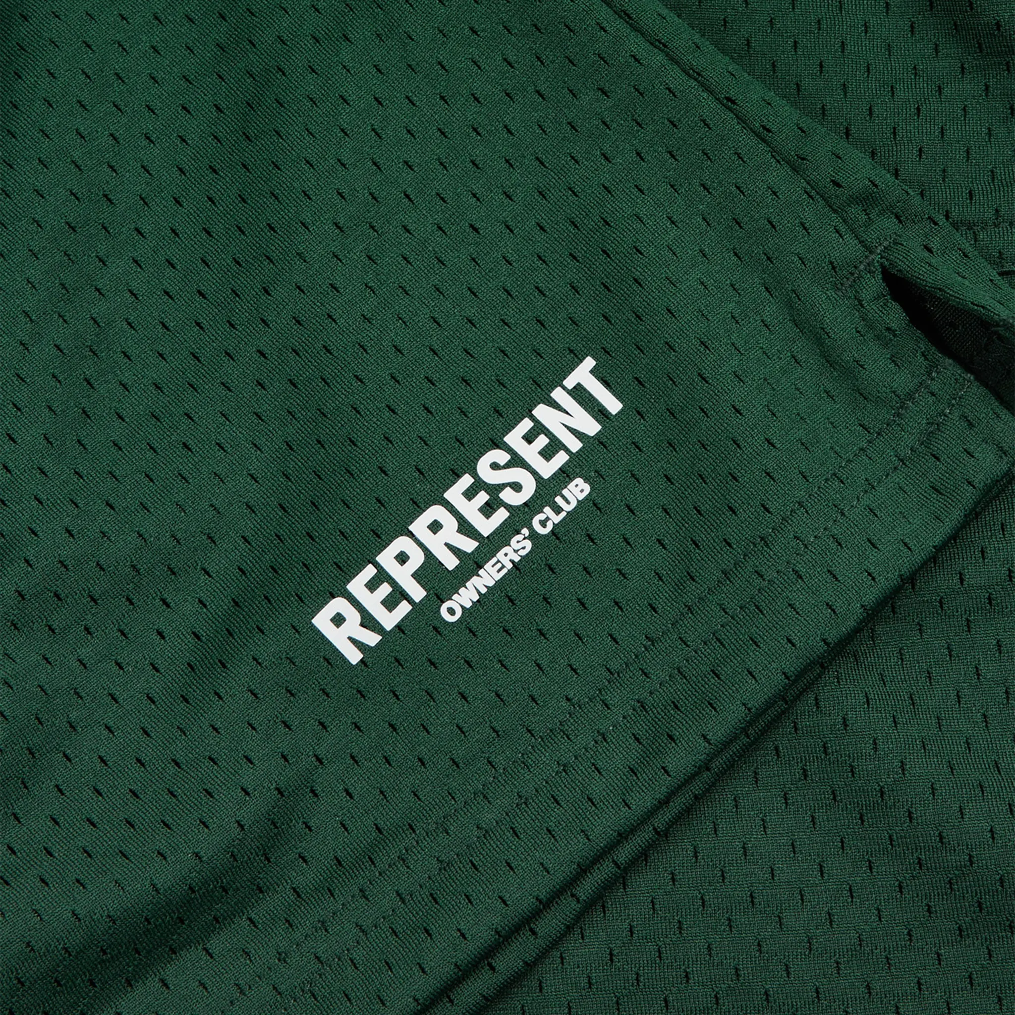 Detail view of Represent Owners Club Mesh Racing Green Shorts M09050-62