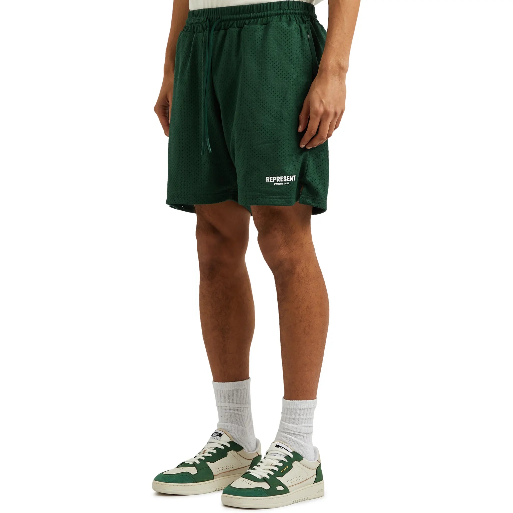 Model Front view of Represent Owners Club Mesh Racing Green Shorts M09050-62