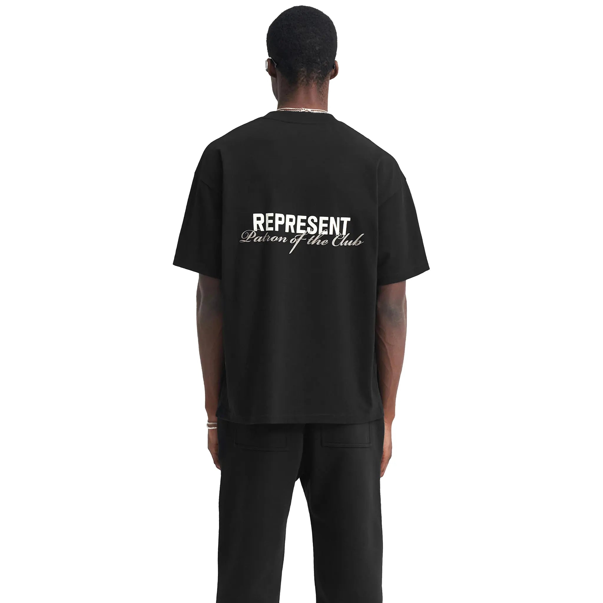 Model Back view of Represent Patron Club Black T Shirt MLM4274-001