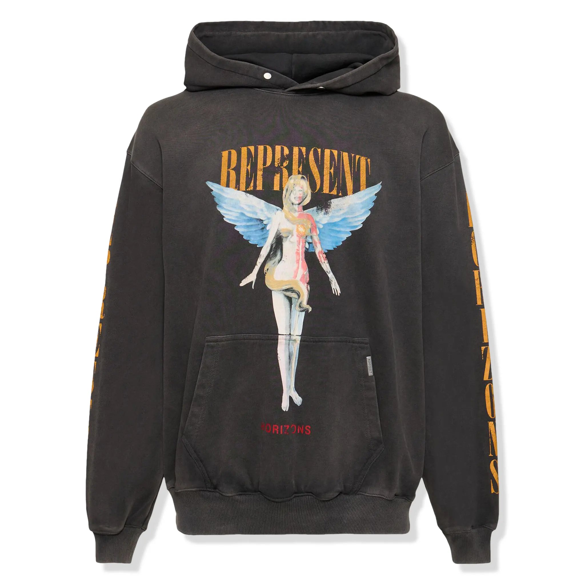 Front view of Represent Reborn Aged Black Hoodie MLM435-444