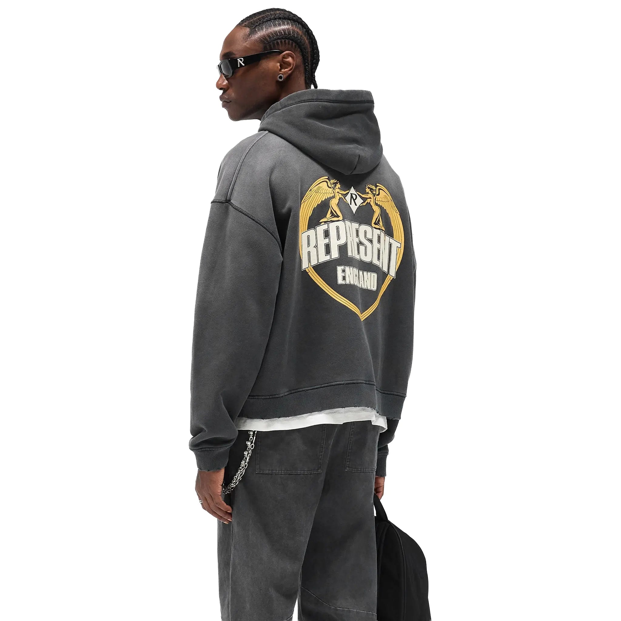 Front Back View of Represent Rep Angel Border Stained Black Hoodie