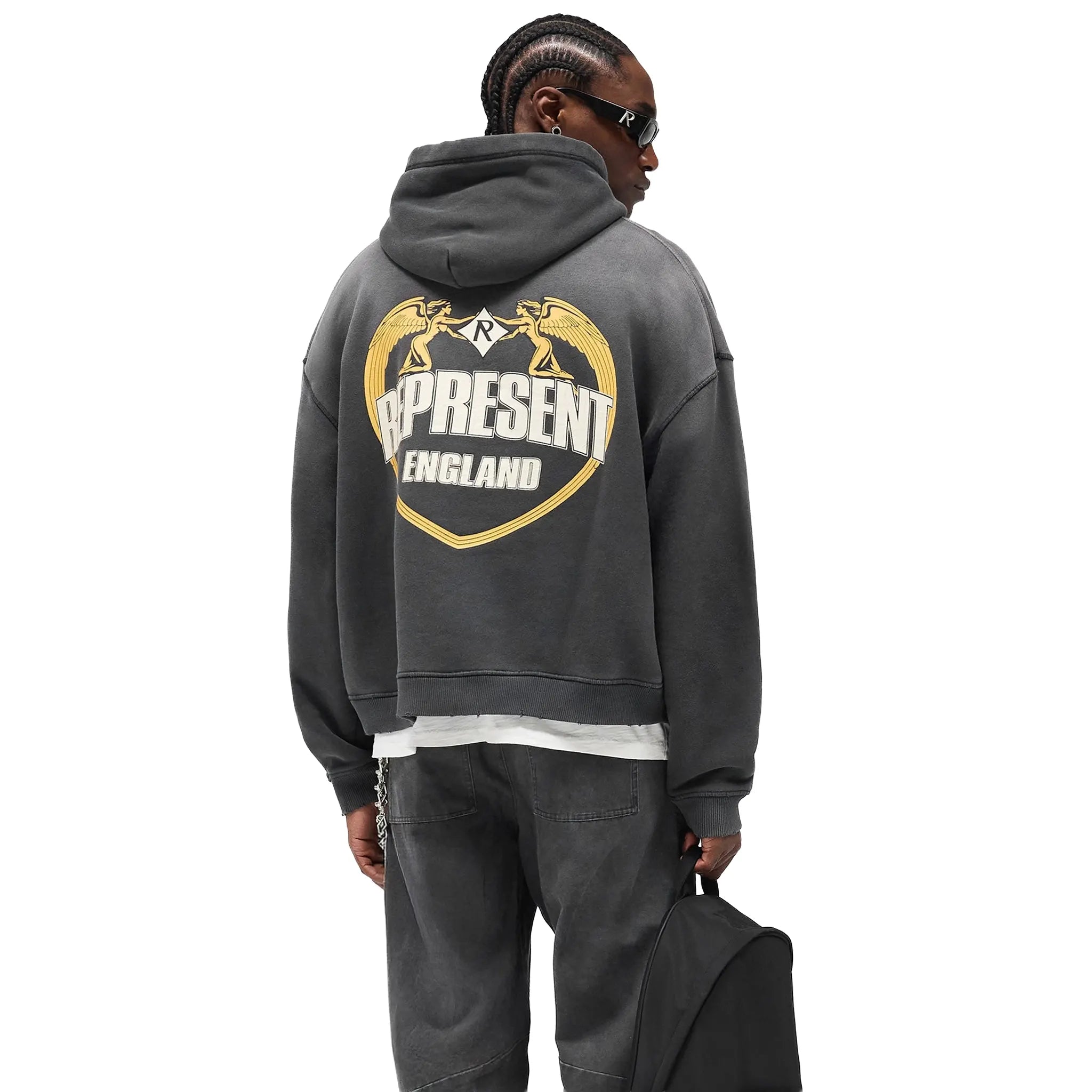 Back View of Represent Rep Angel Border Stained Black Hoodie