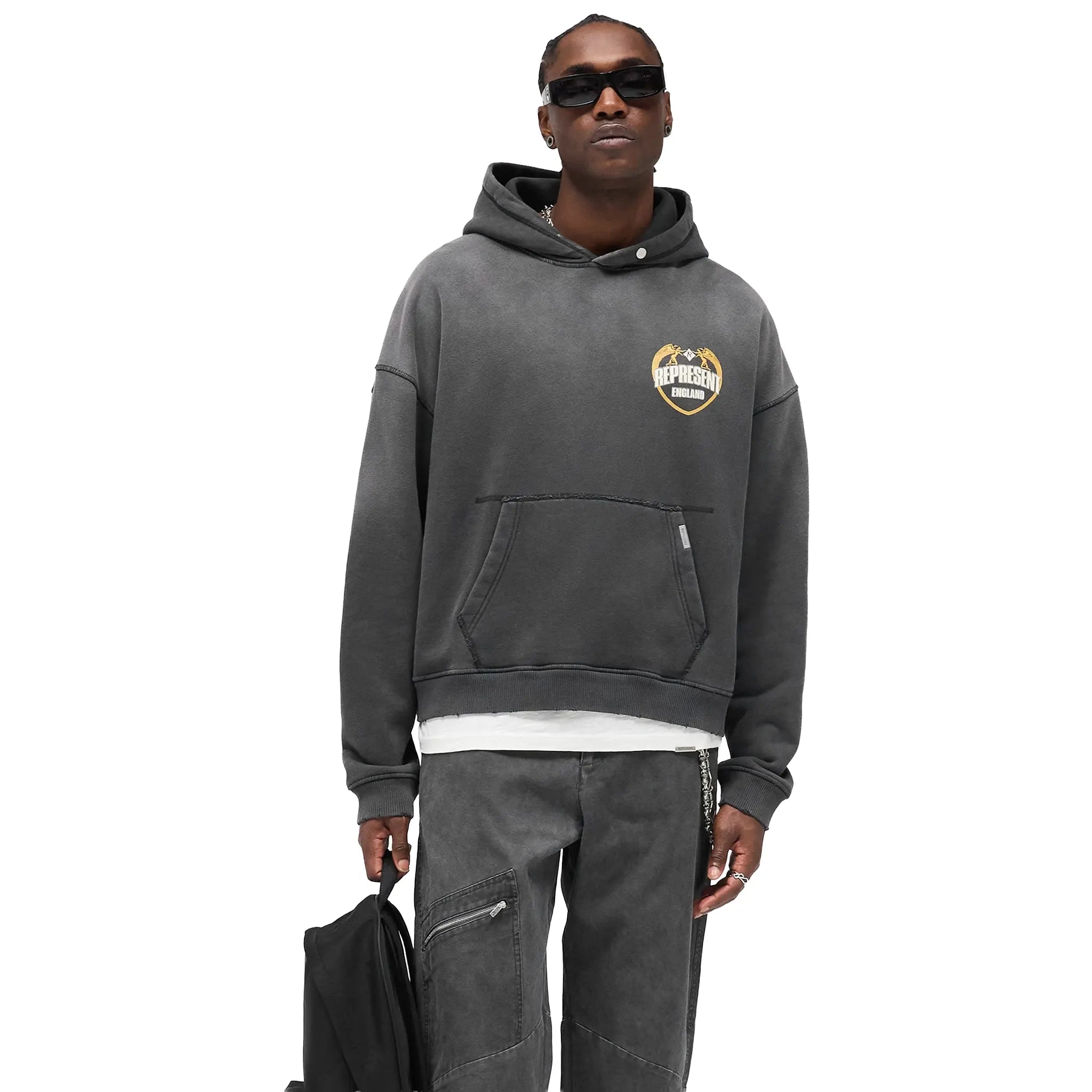 Front View of Represent Rep Angel Border Stained Black Hoodie