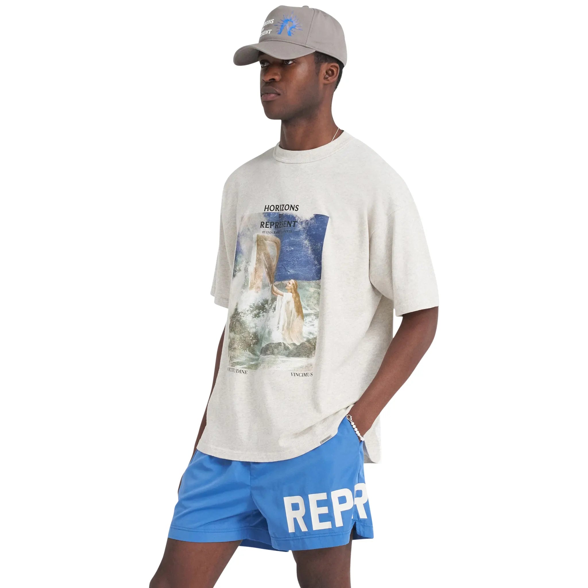 Side view of Represent Rep Higher Truth Cream Marl T Shirt MLM408-94