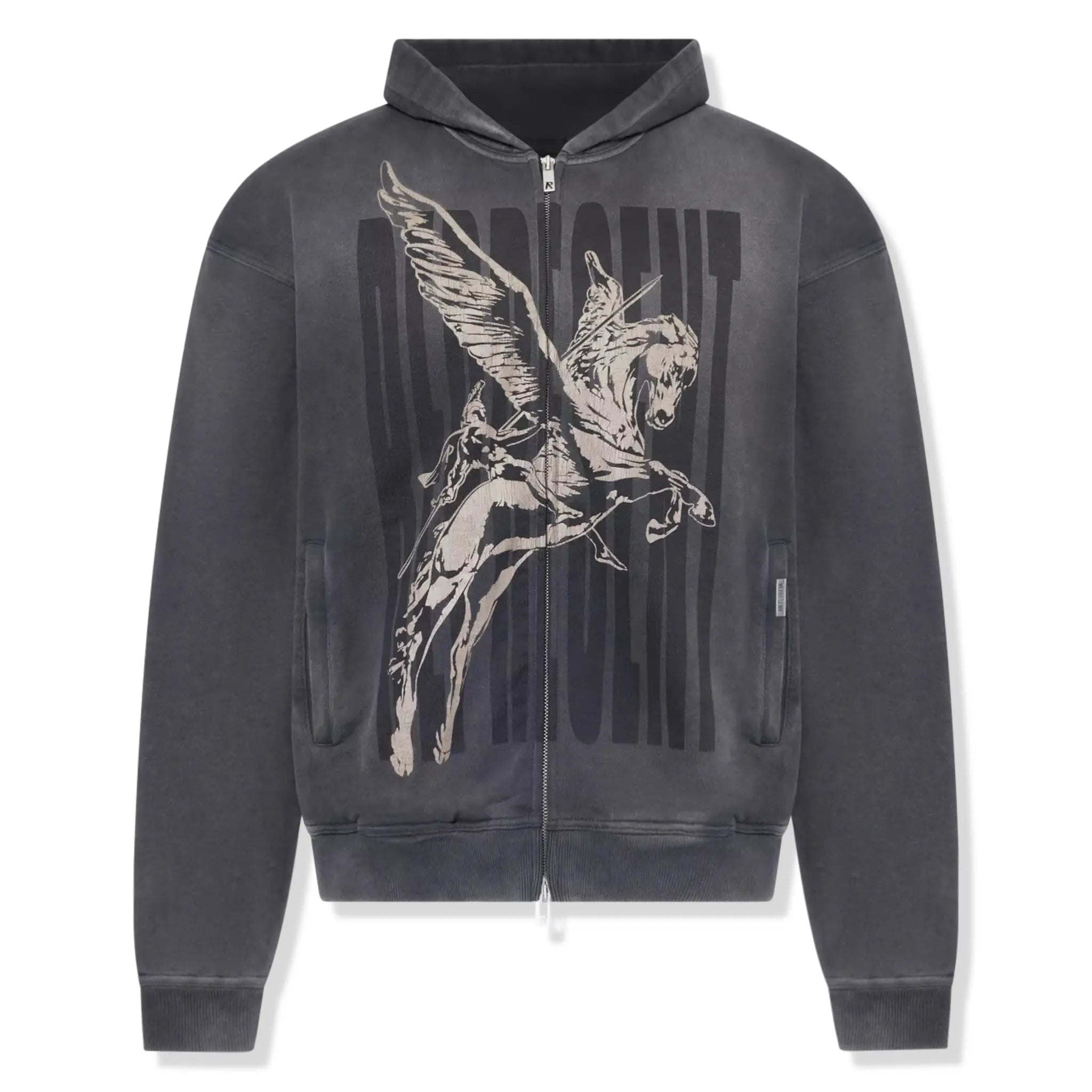 Front view of Represent Spirit Mascot Zip-Up Aged Black Hoodie MLM405-444
