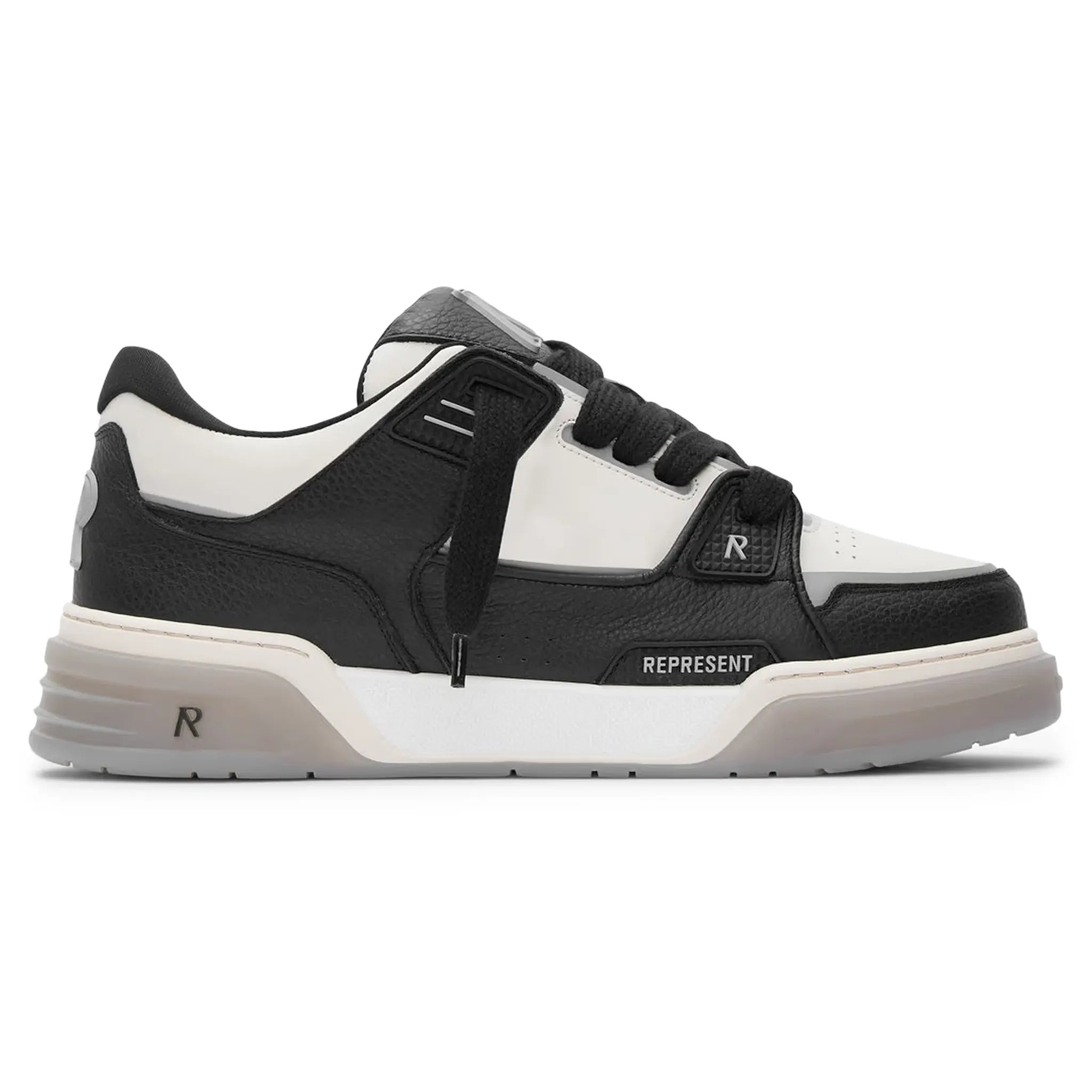 Side view of Represent Studio Black Vintage White Trainers MF9007-465