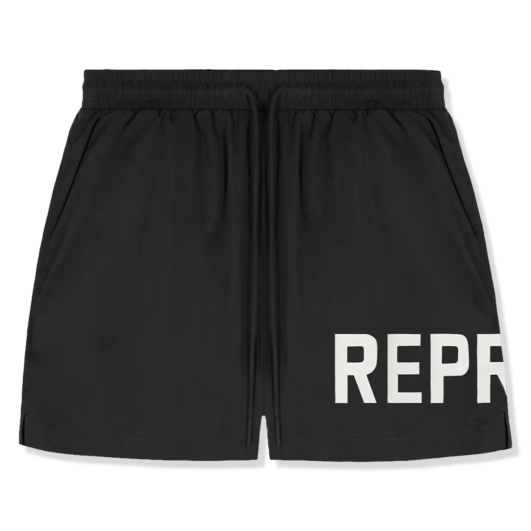 Front view of Represent Text Logo Black Swim Shorts MS7001-01
