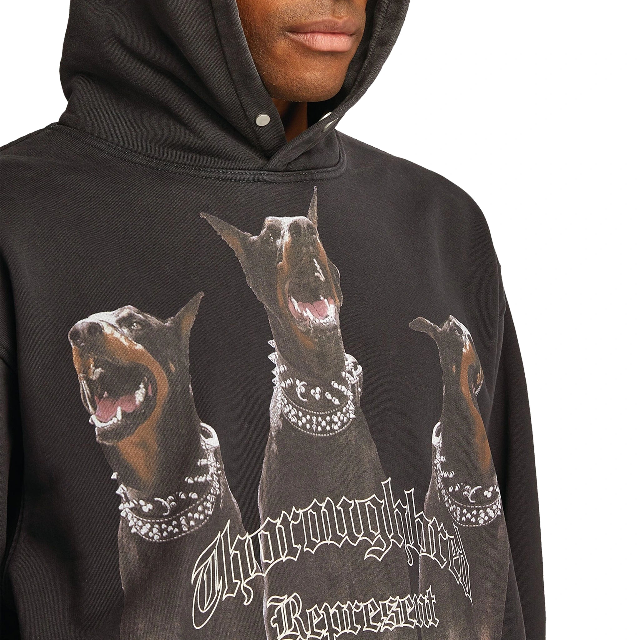 Model chest view of Represent Thoroughbred Vintage Black Hoodie M04149-03