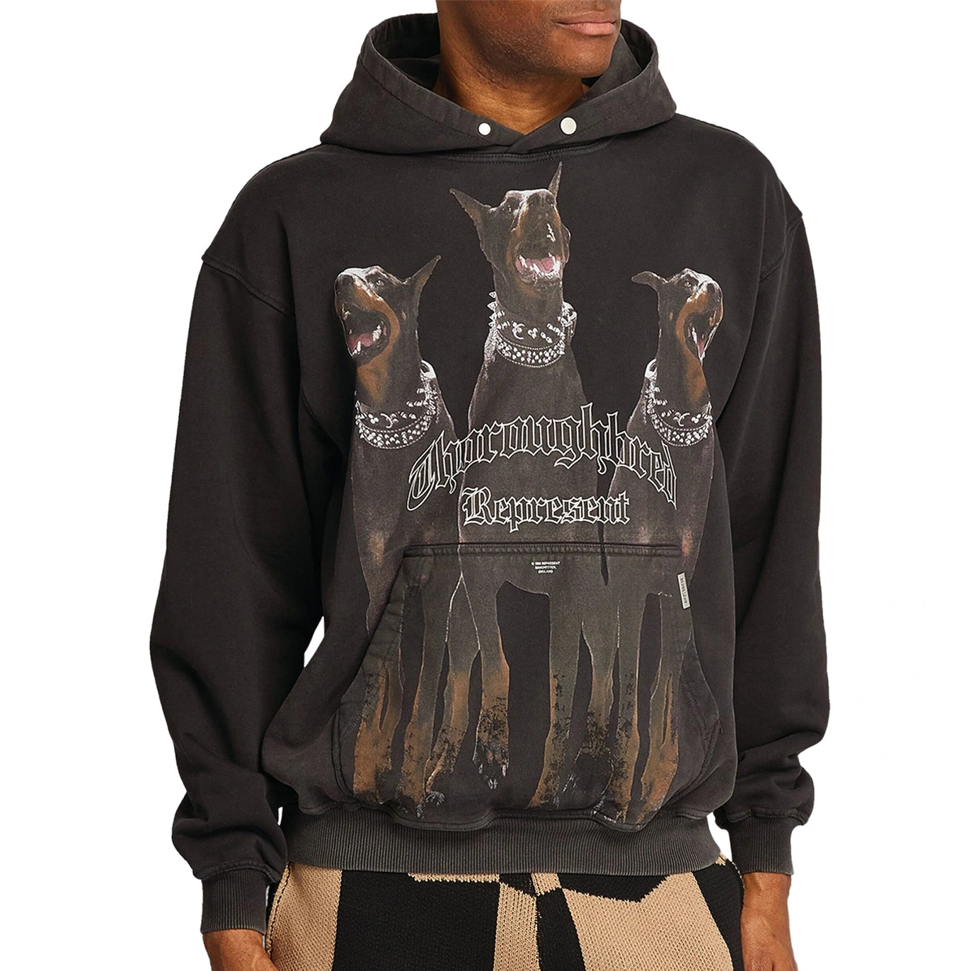 Model fromt view of Represent Thoroughbred Vintage Black Hoodie M04149-03