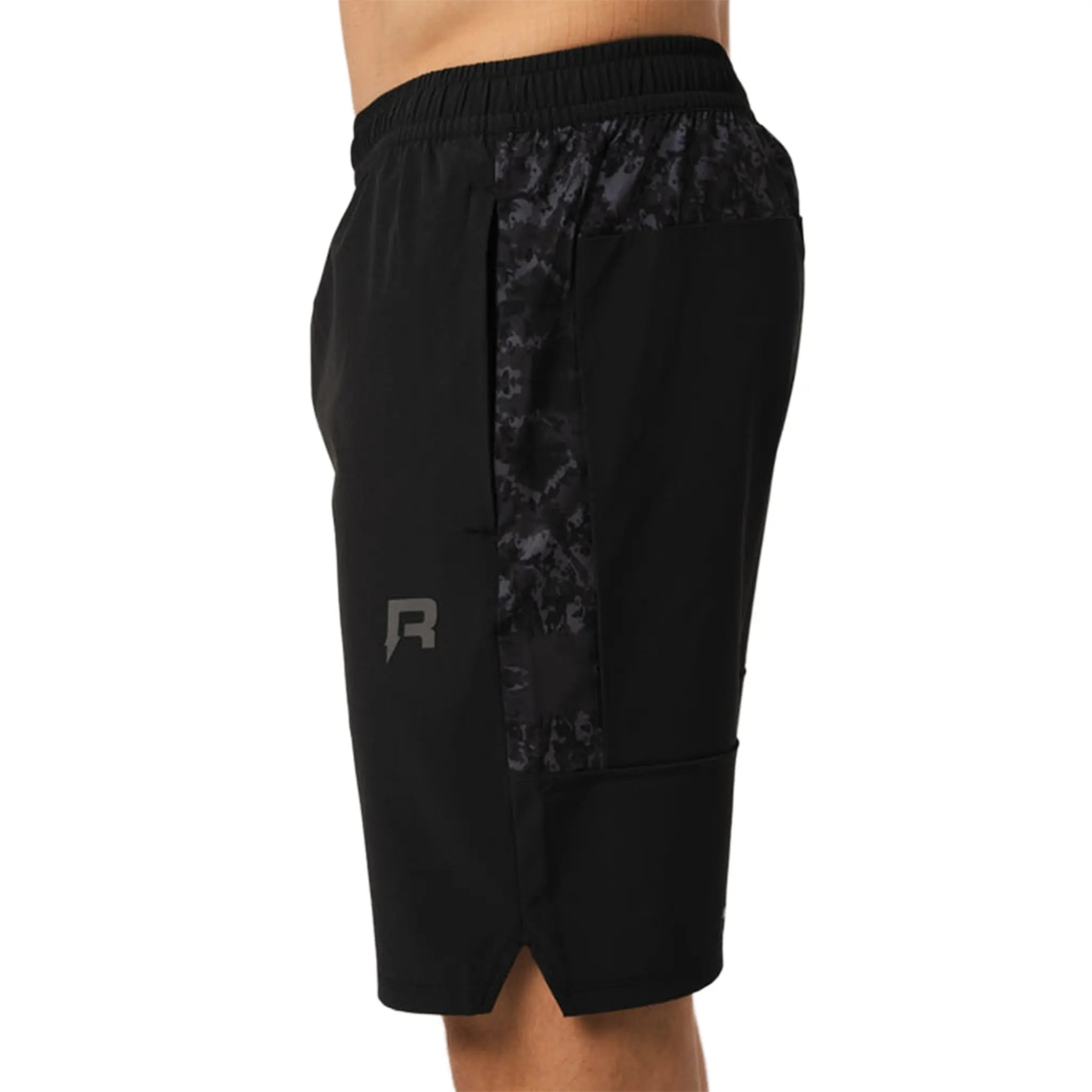 Side View of Reprimo Shibori Black Shorts