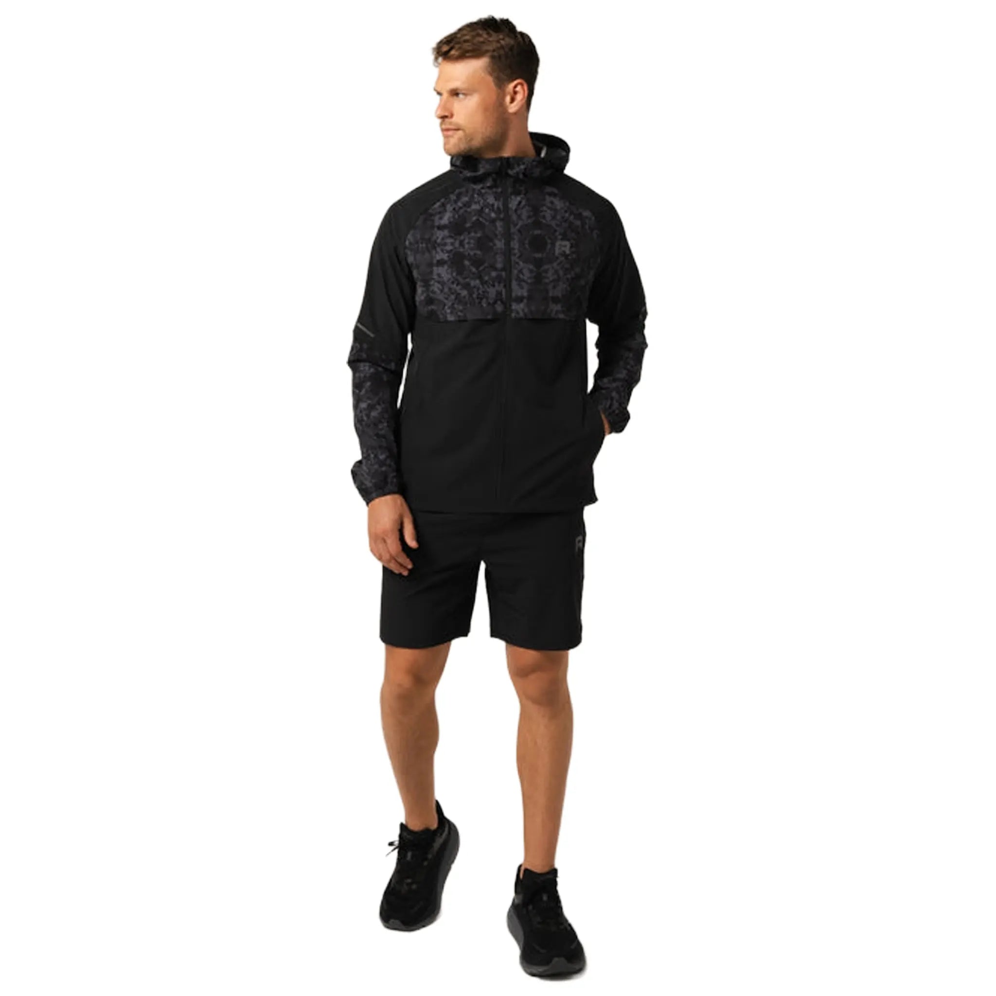 Model Front View of Reprimo Shibori Black Windbreaker