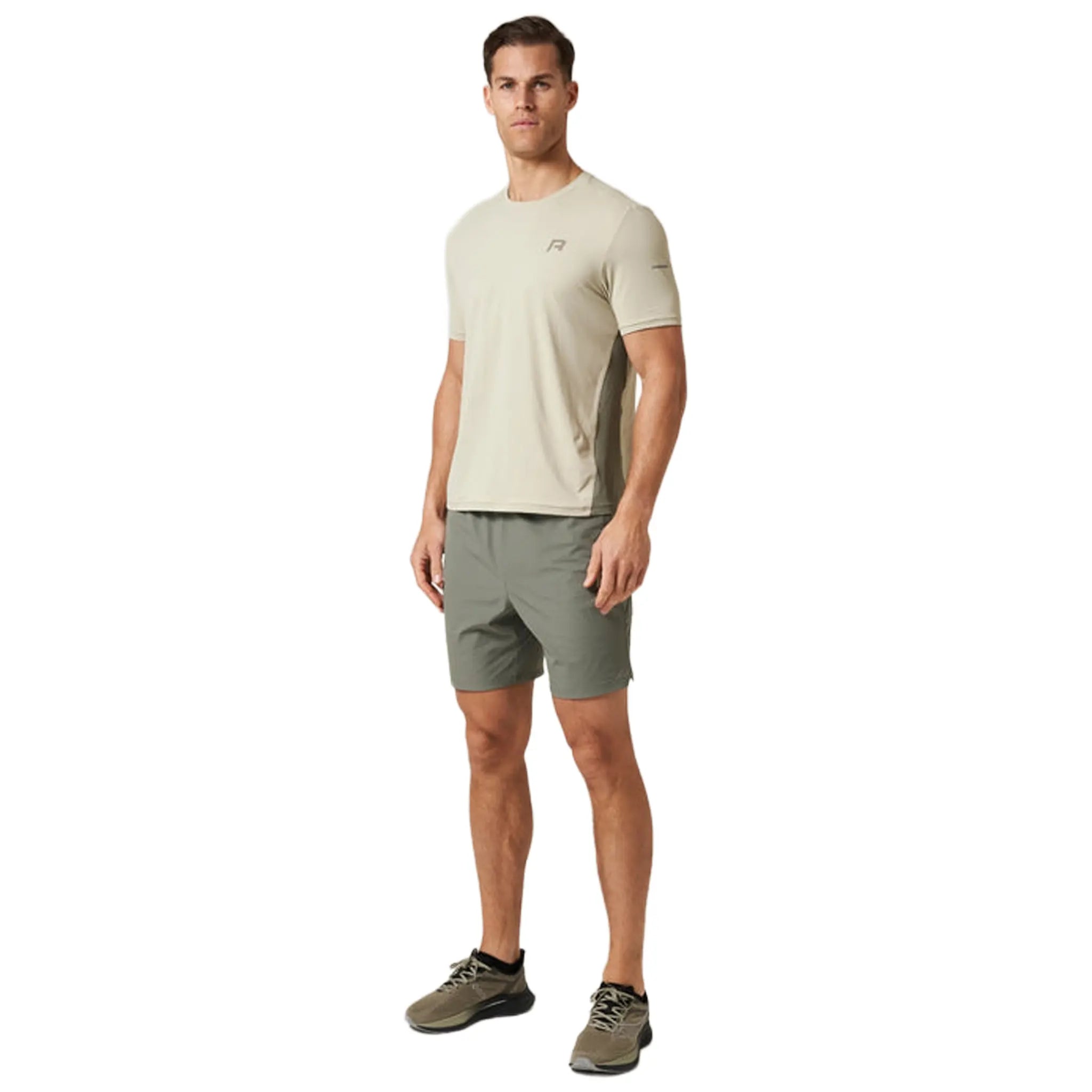 Model View of Reprimo Vortex Stone Khaki Shorts