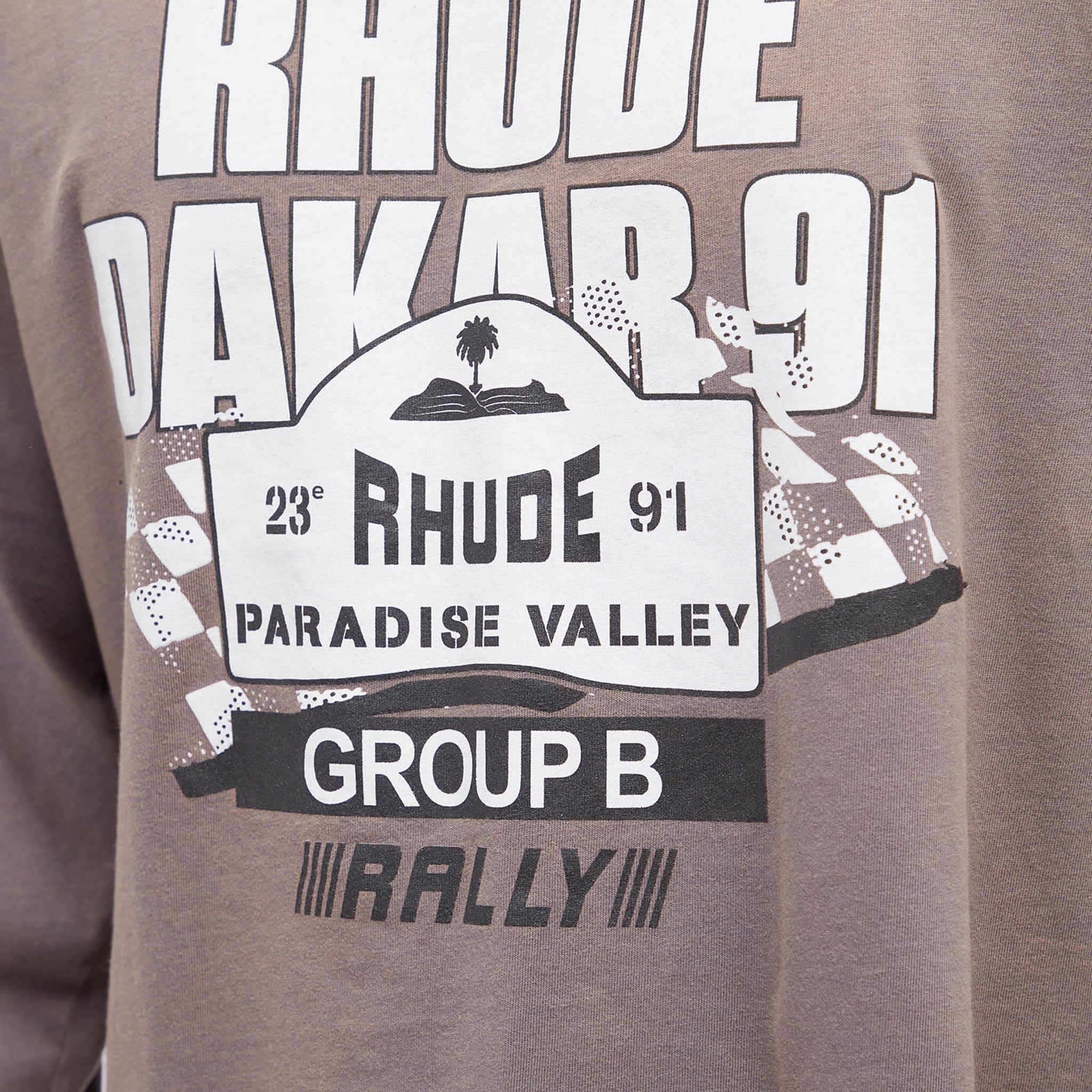 Logo view of Rhude Dakar 91 Print Long-Sleeve T Shirt Vintage Grey RHPF23TT020126751675