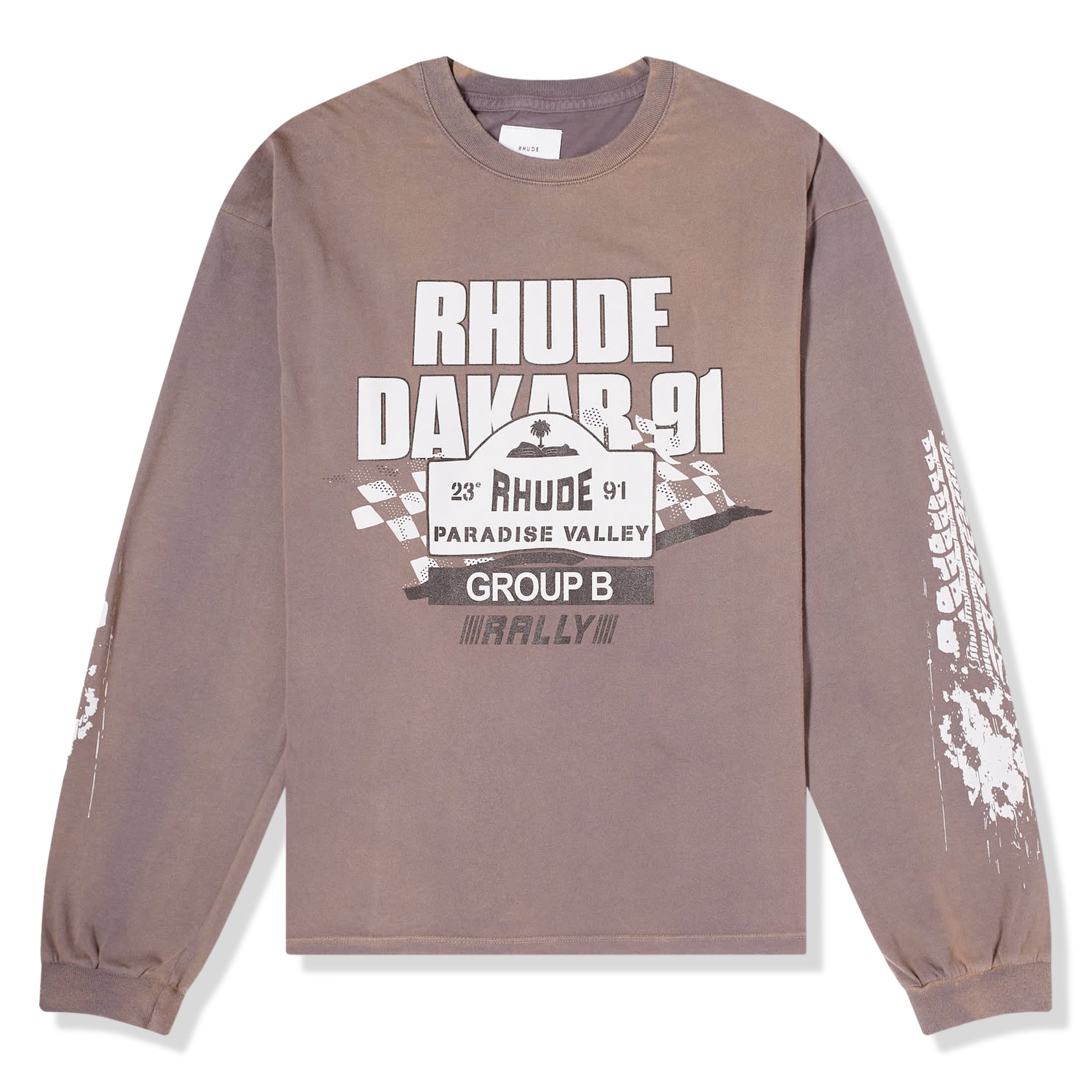 Front view of Rhude Dakar 91 Print Long-Sleeve T Shirt Vintage Grey RHPF23TT020126751675