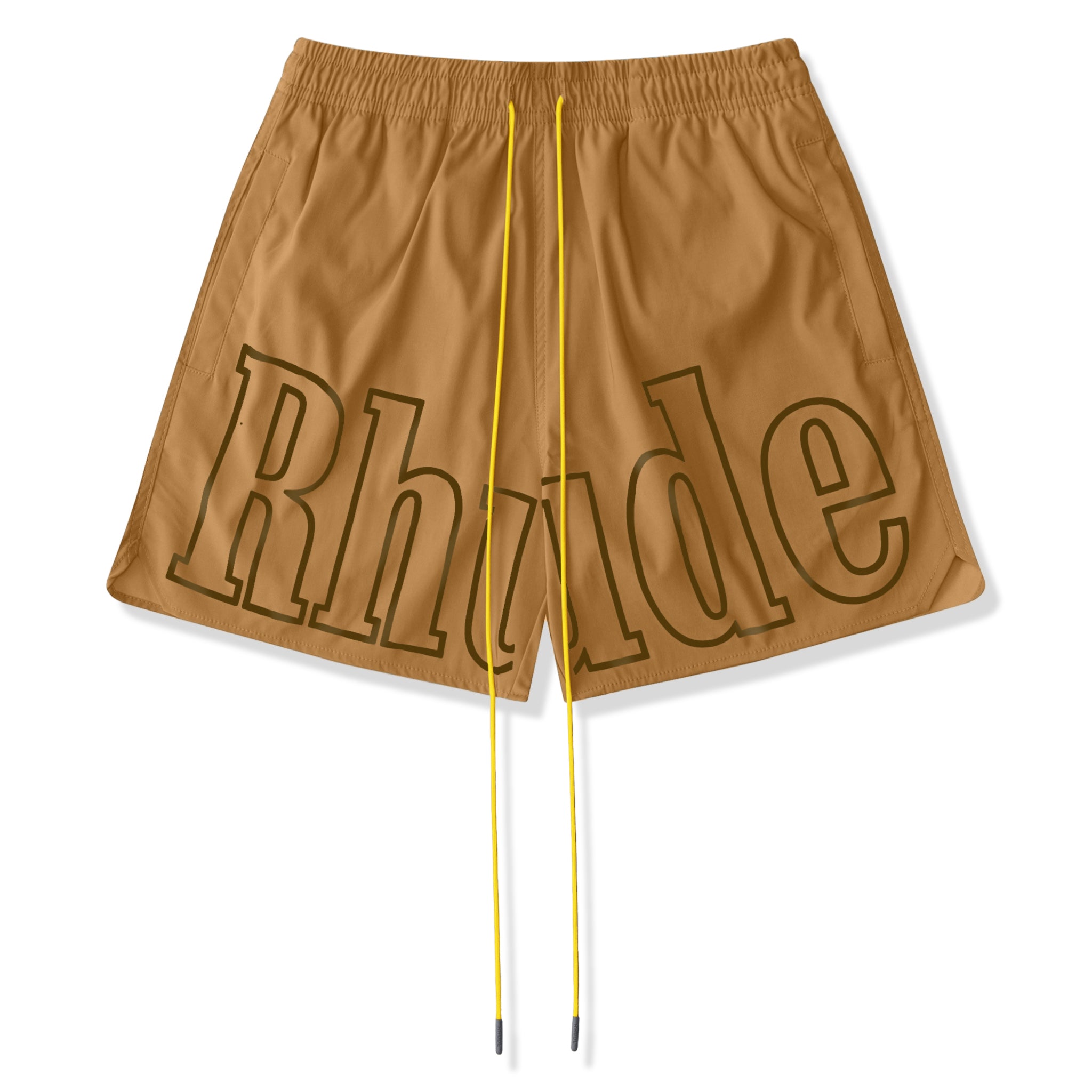 front view of Rhude Logo Swim Shorts Camel RHPF23SM01169003