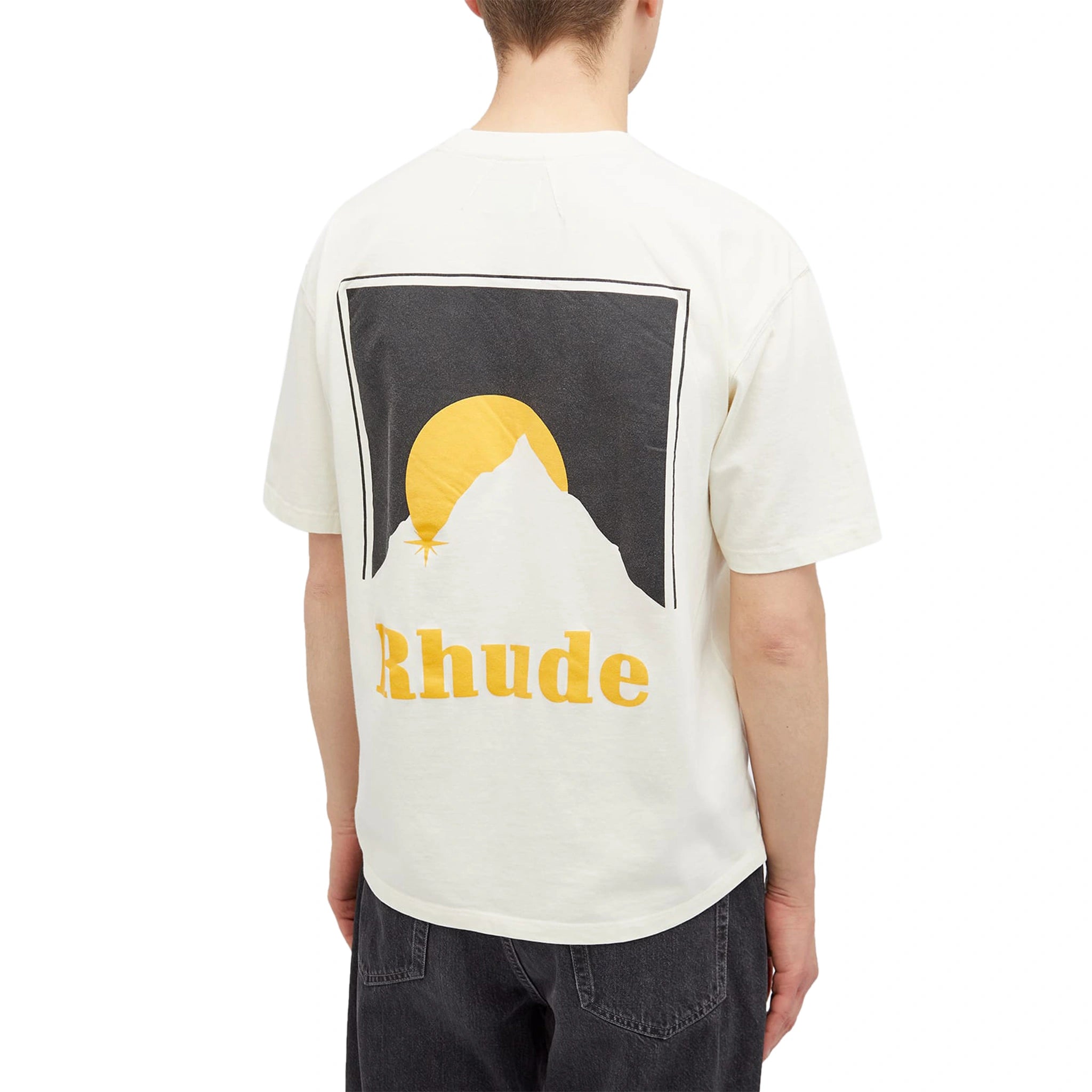 Model Back view of Rhude Moonlight Vintage White T Shirt RHPS24TT02012611