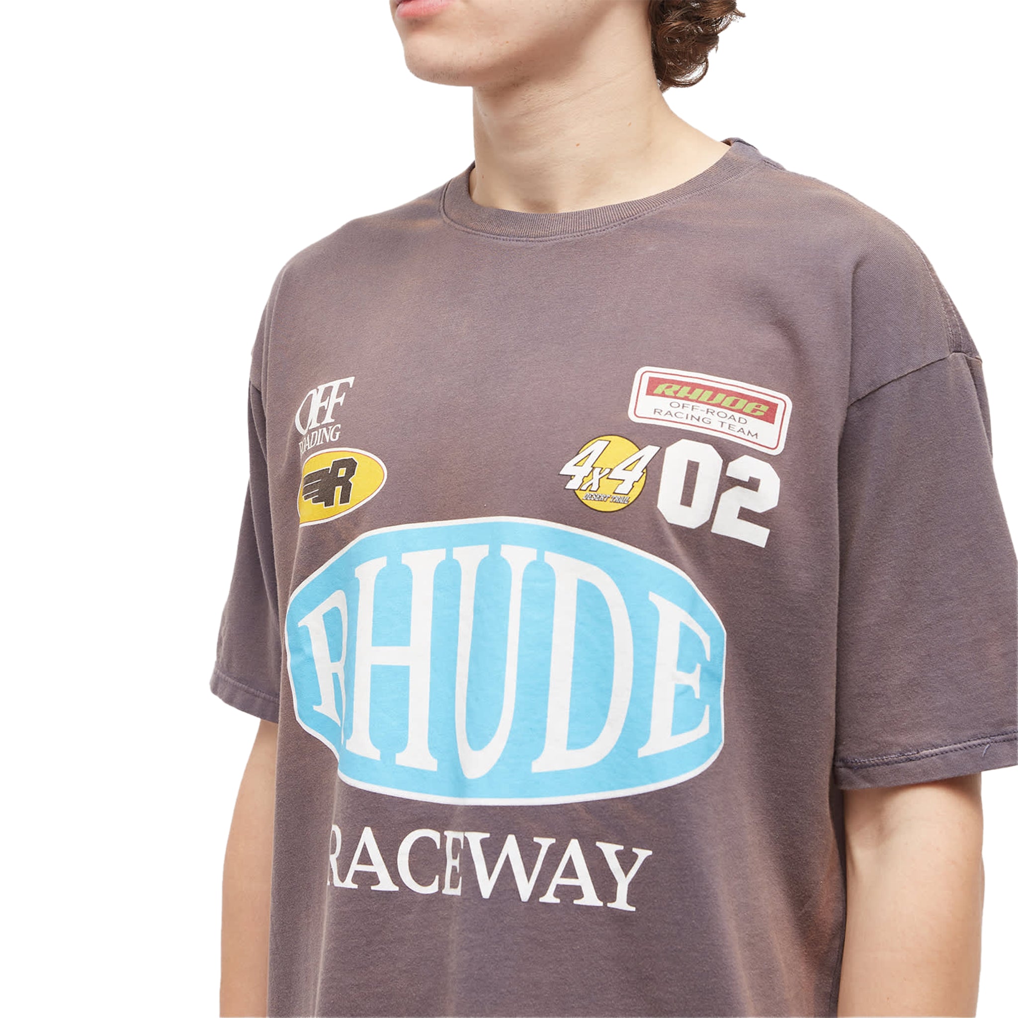 Model chest view of Rhude Raceway Grey T Shirt RHPF23TT07012675