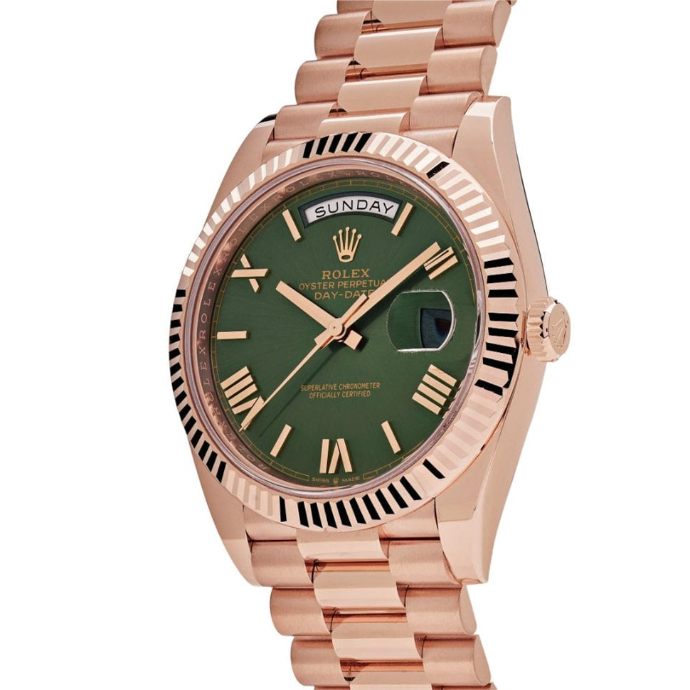 Side view of Rolex Day Date 228235 Ogrp 40mm Olive Green Roman Numerals Rose Gold
