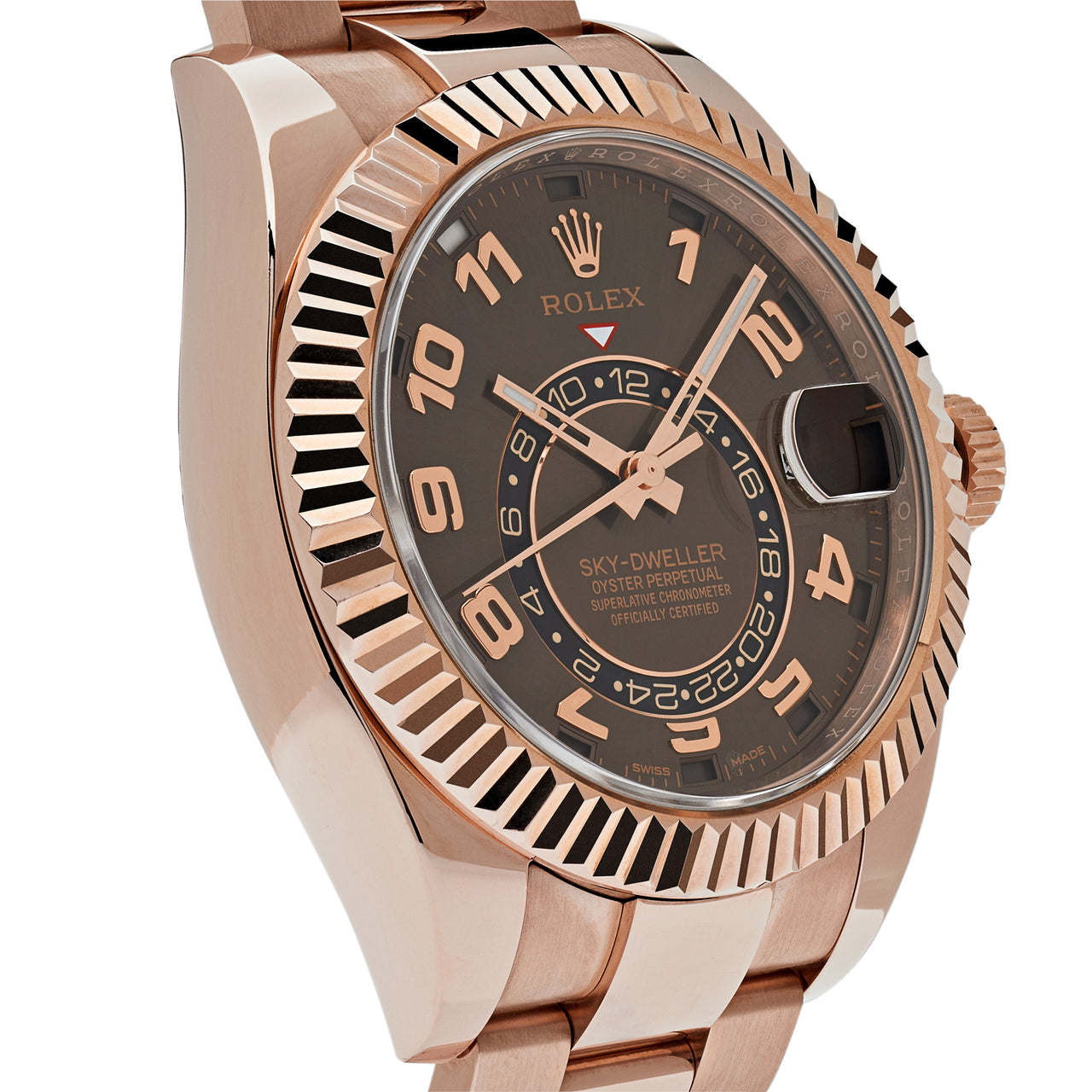 Dial view of Rolex Sky Dweller 326935 Choao 42mm Chocolate Arabic Dial Rose Gold