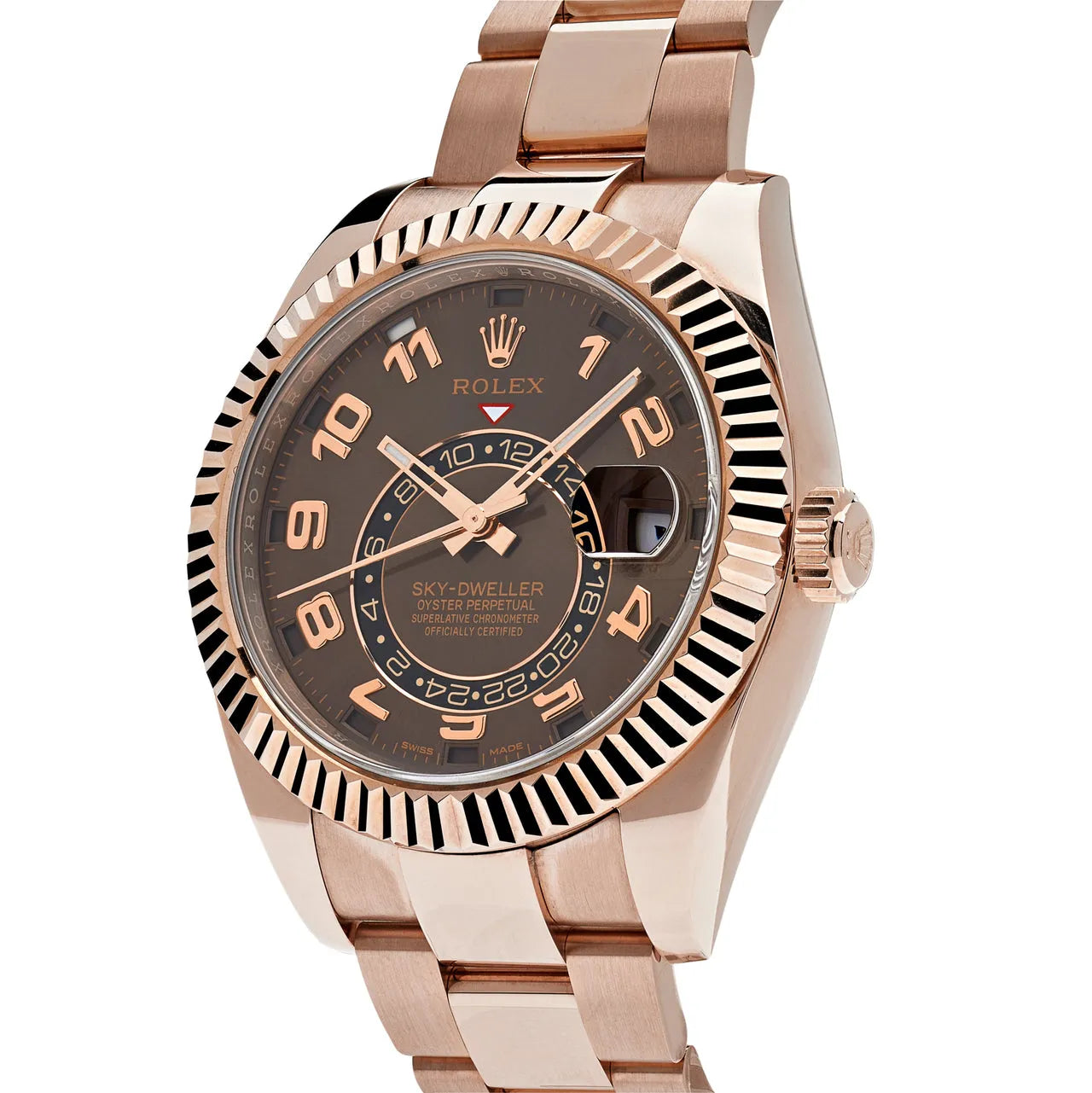 Side view of Rolex Sky Dweller 326935 Choao 42mm Chocolate Arabic Dial Rose Gold