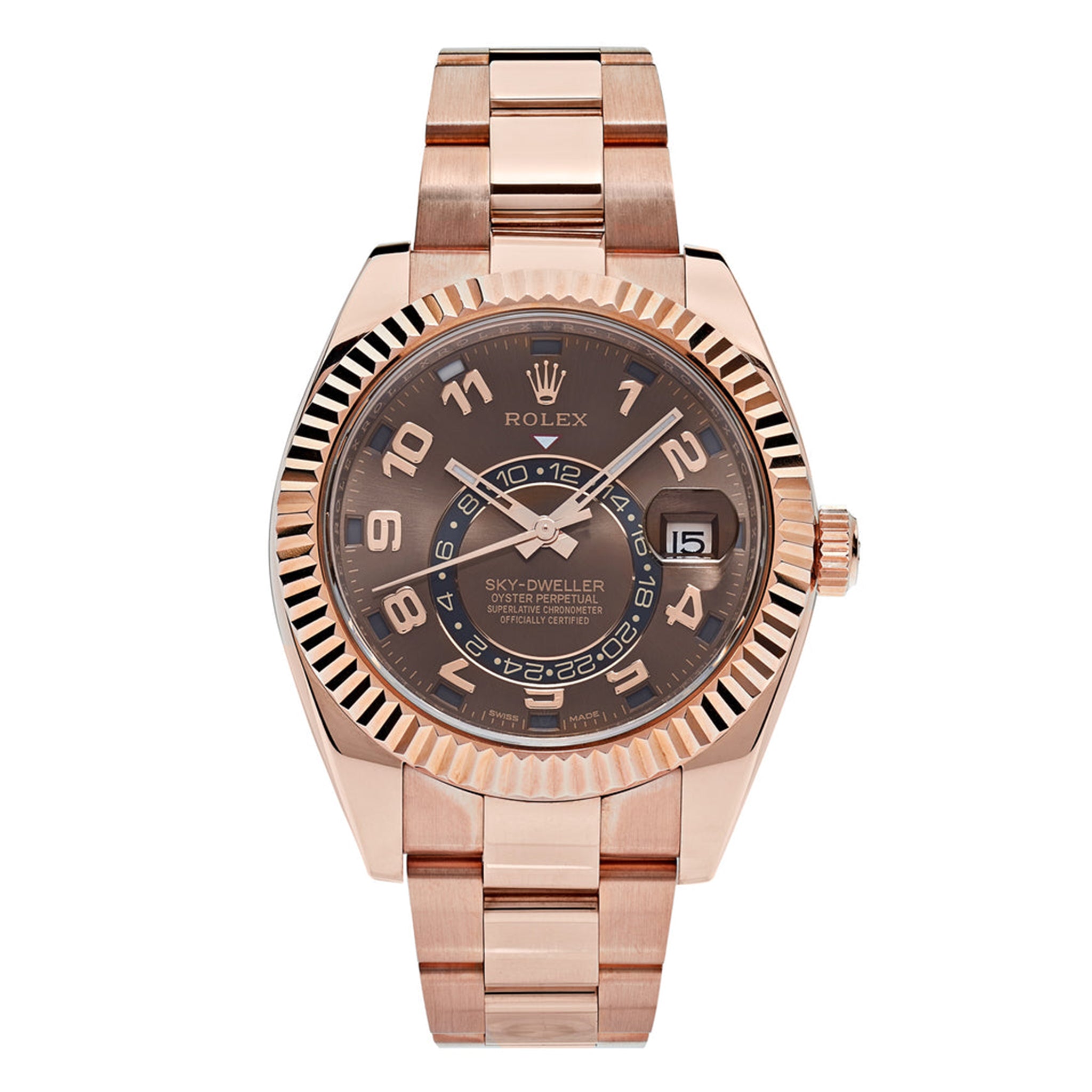 front view of Rolex Sky Dweller 326935 Choao 42mm Chocolate Arabic Dial Rose Gold