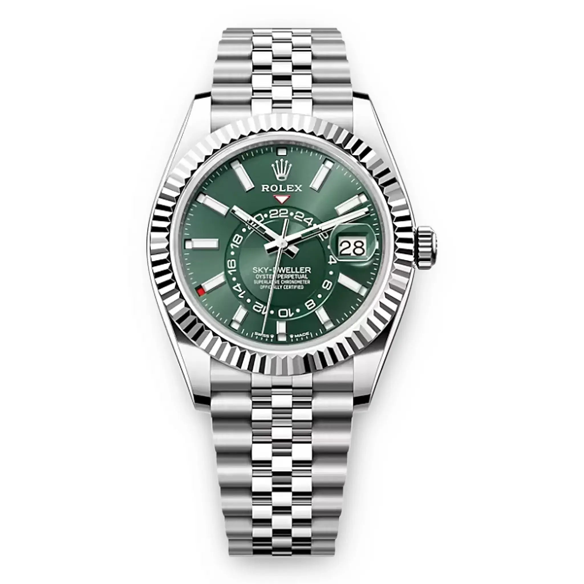 Front view of Rolex Sky-Dweller Mint Green Silver 336934 42mm (2023)
