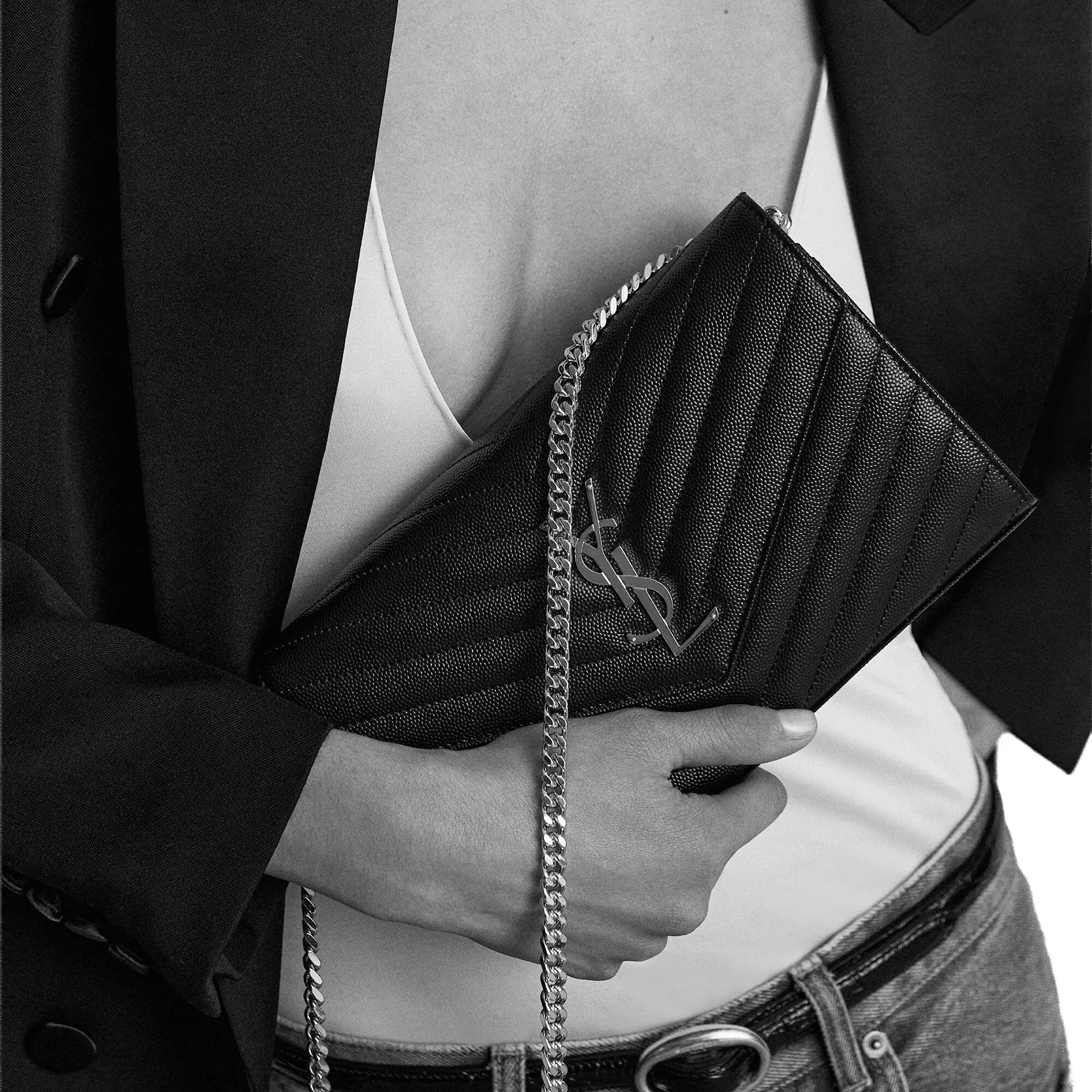 Detailed View of Saint Laurent Monogram Envelope Black Silver Crossbody Bag