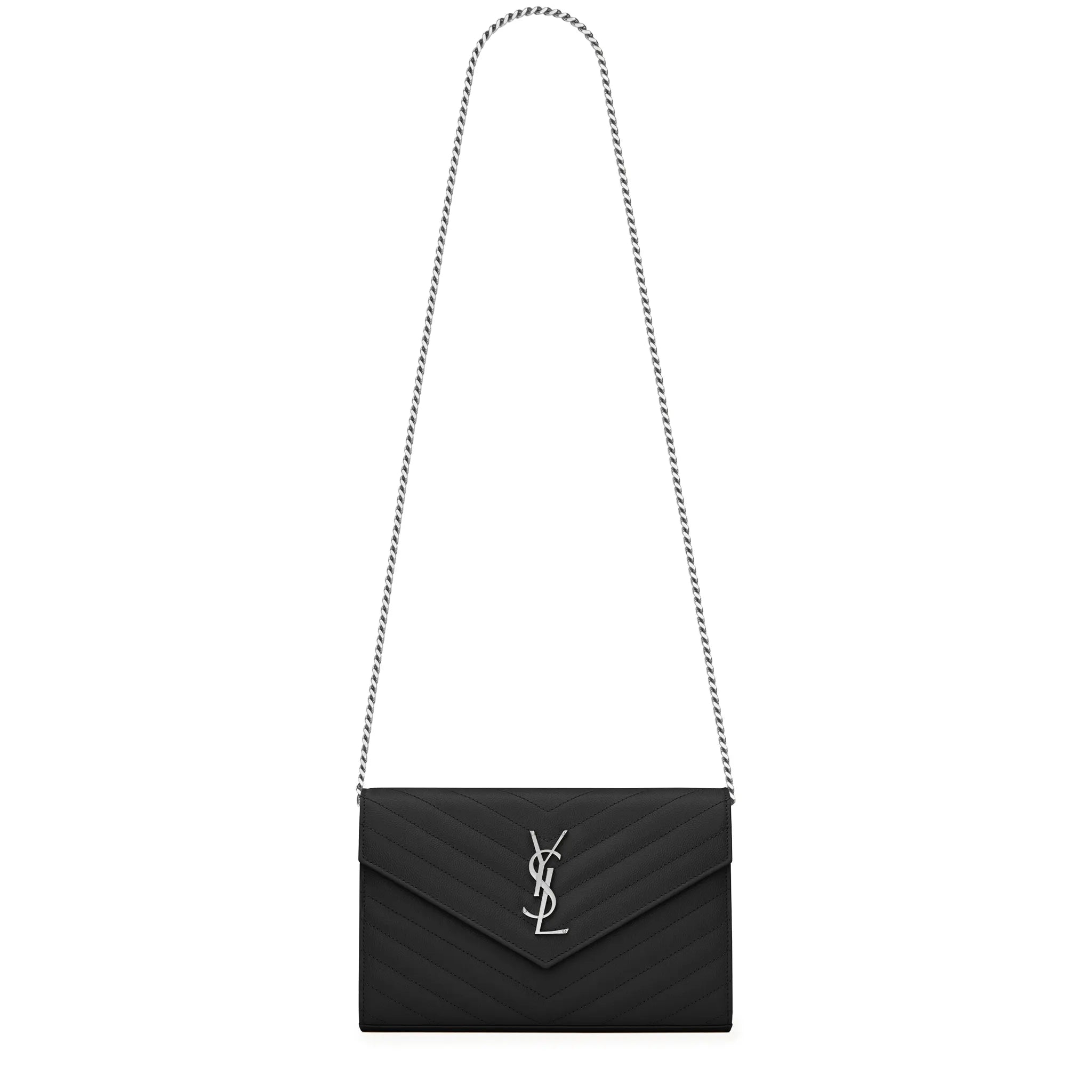 Front View of Saint Laurent Monogram Envelope Black Silver Crossbody Bag