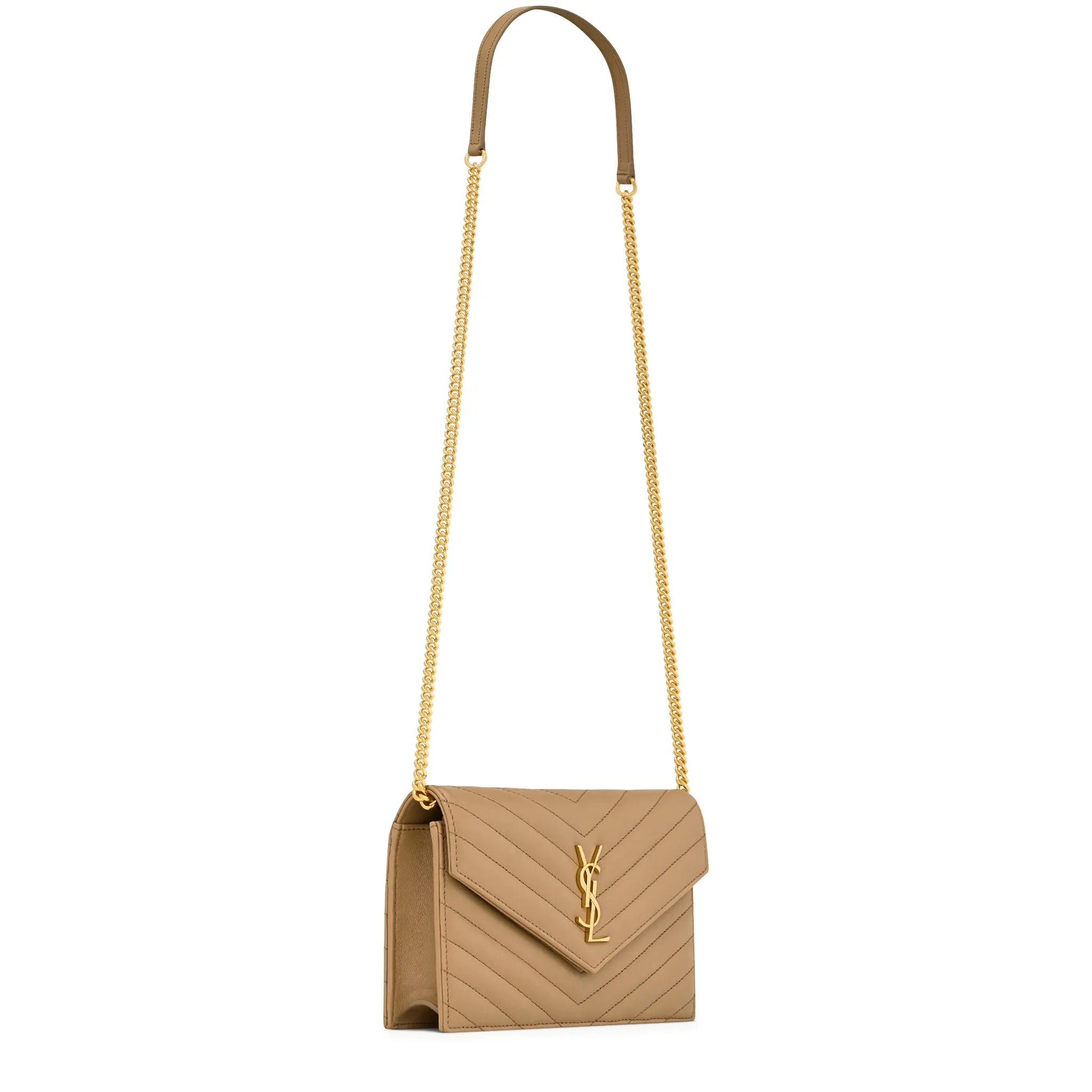 Front Side View of Saint Laurent Monogram Envelope Dark Beige Crossbody Bag