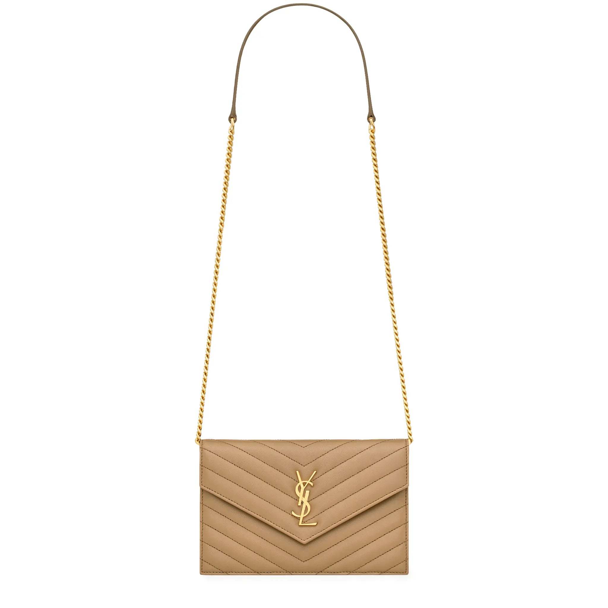 Front View of Saint Laurent Monogram Envelope Dark Beige Crossbody Bag