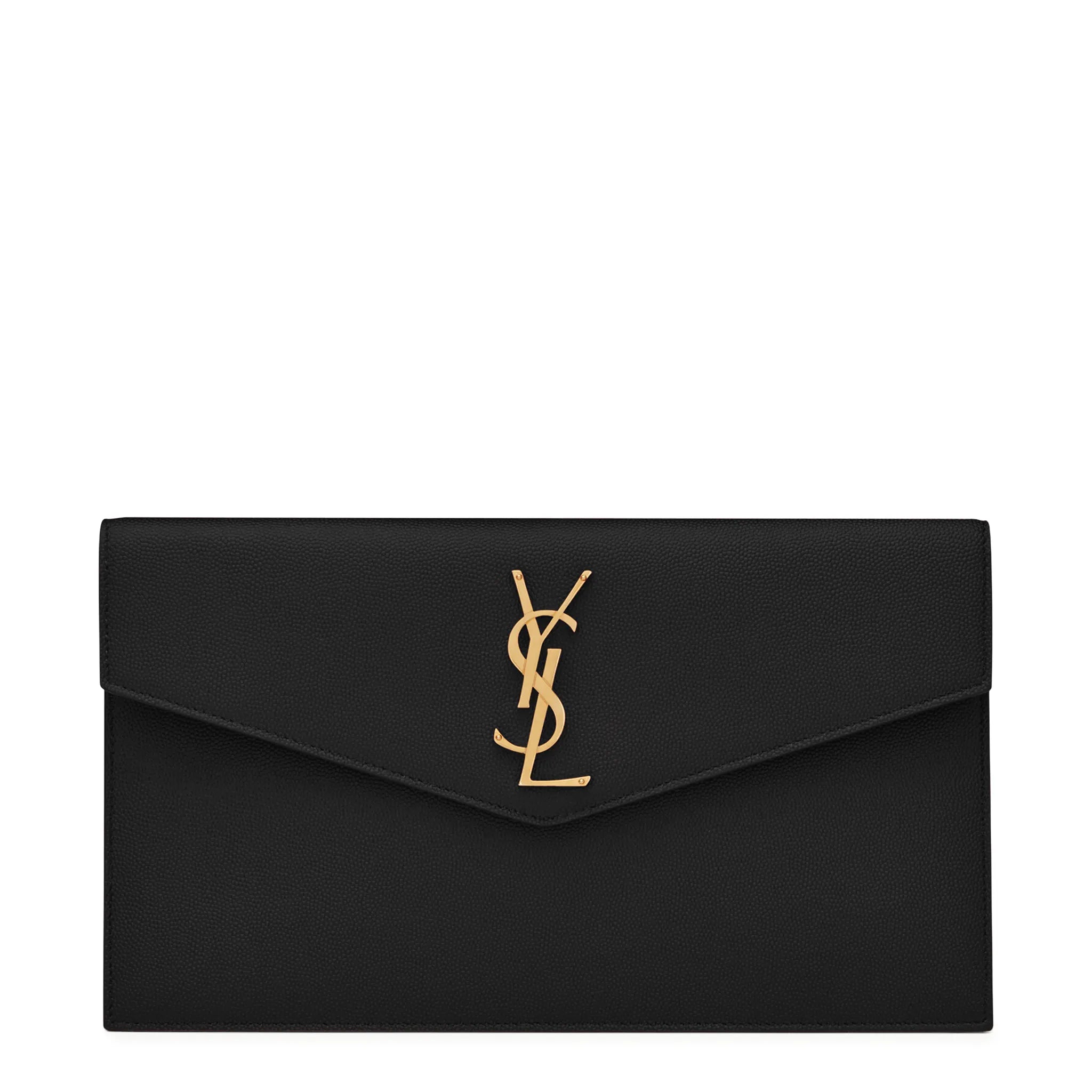Front View of Saint Laurent Uptown Grain De Poudre Leather Black Pouch