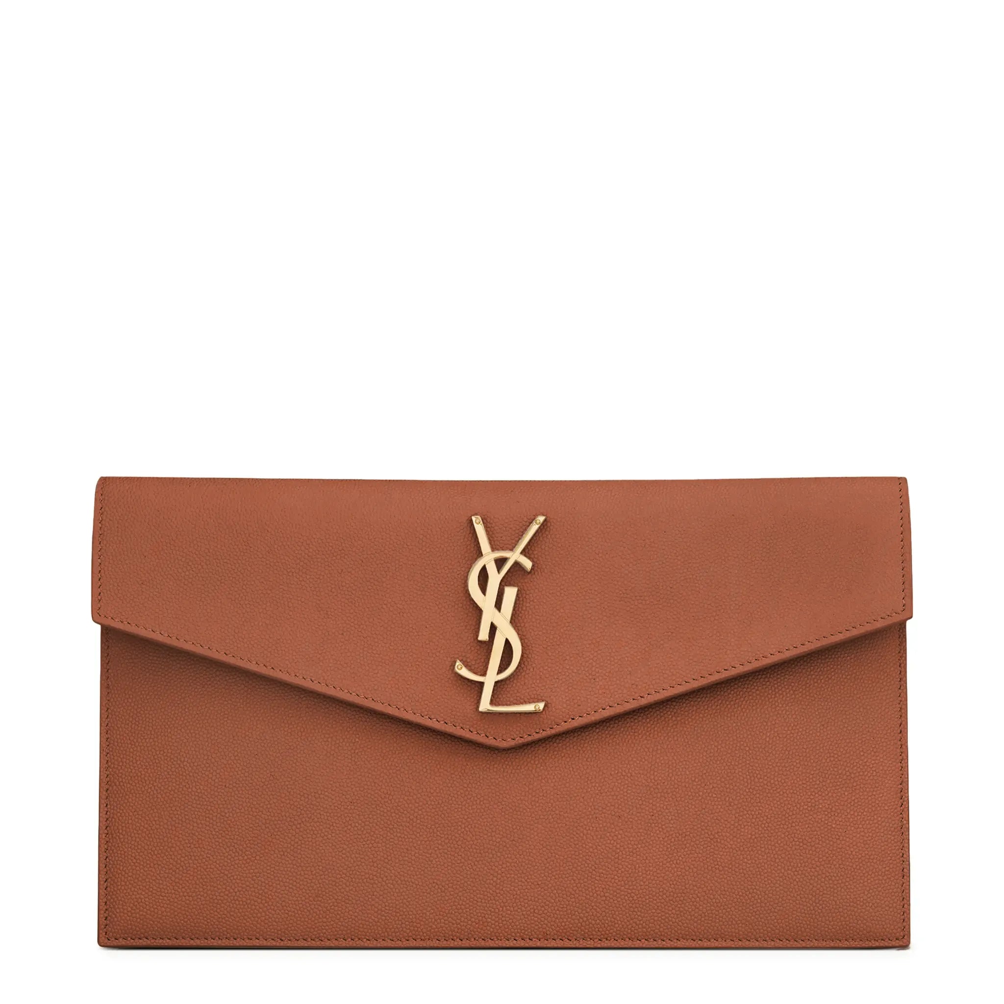 Front View of Saint Laurent Uptown Grain De Poudre Leather Camel Pouch