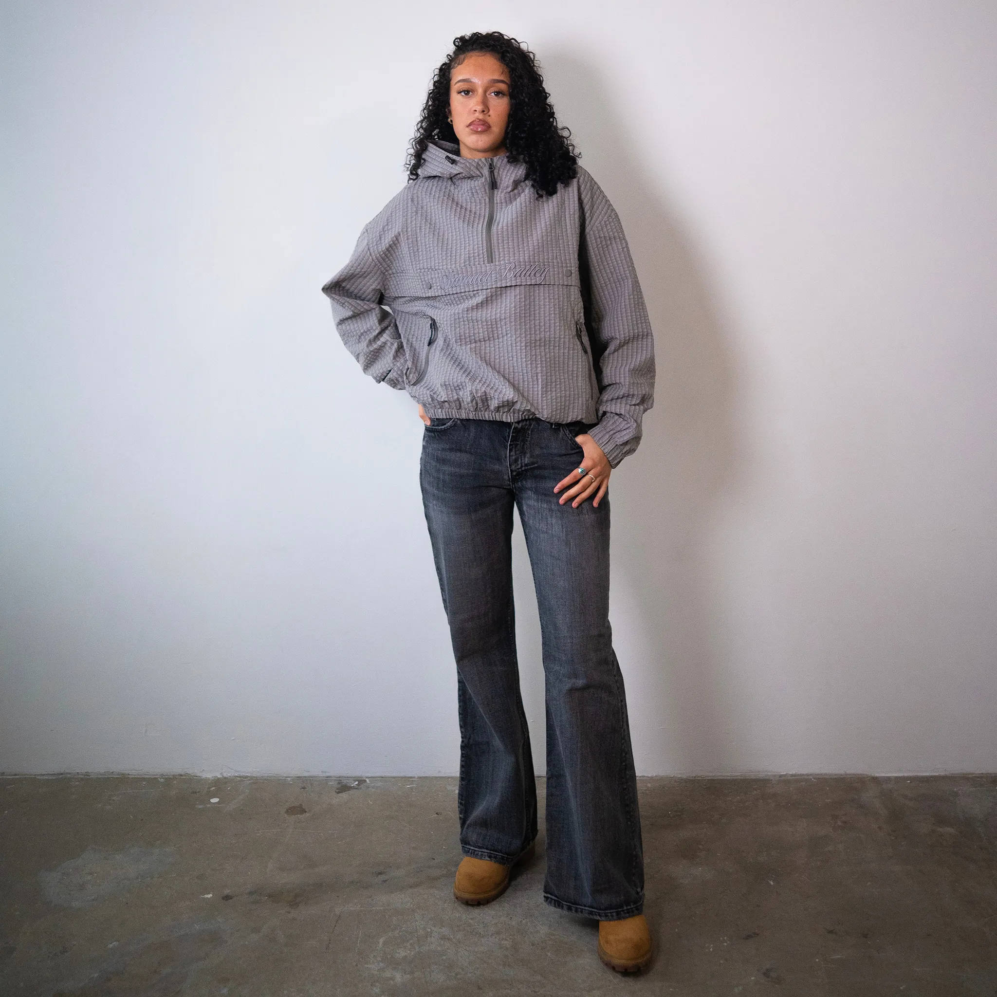 Model View of Samuel Bailey Signature Grid Grey Jacket (W) 53902754677059