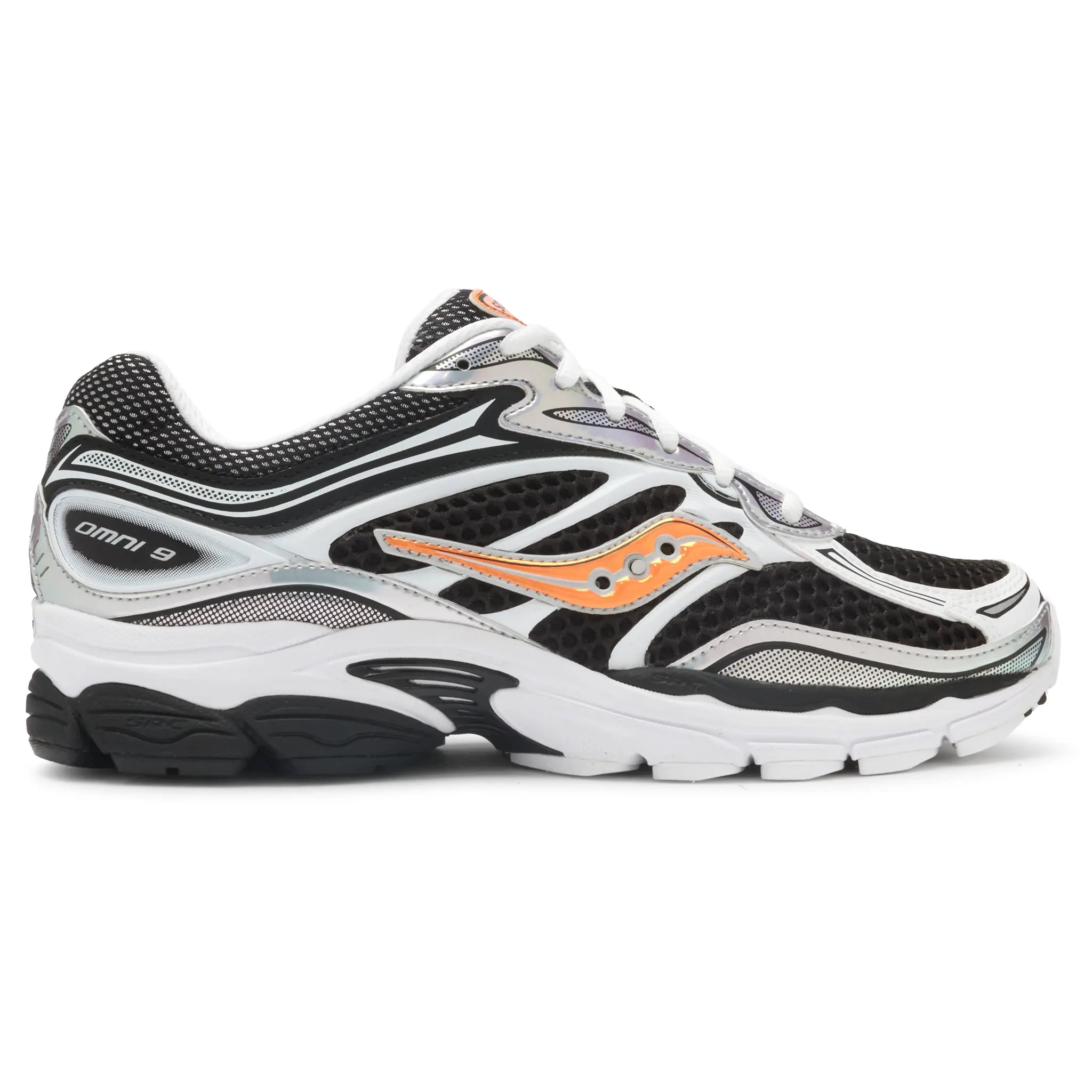 Side View of Saucony Progrid Omni 9 Speed Shades White Black Orange Vo2 S71057-2