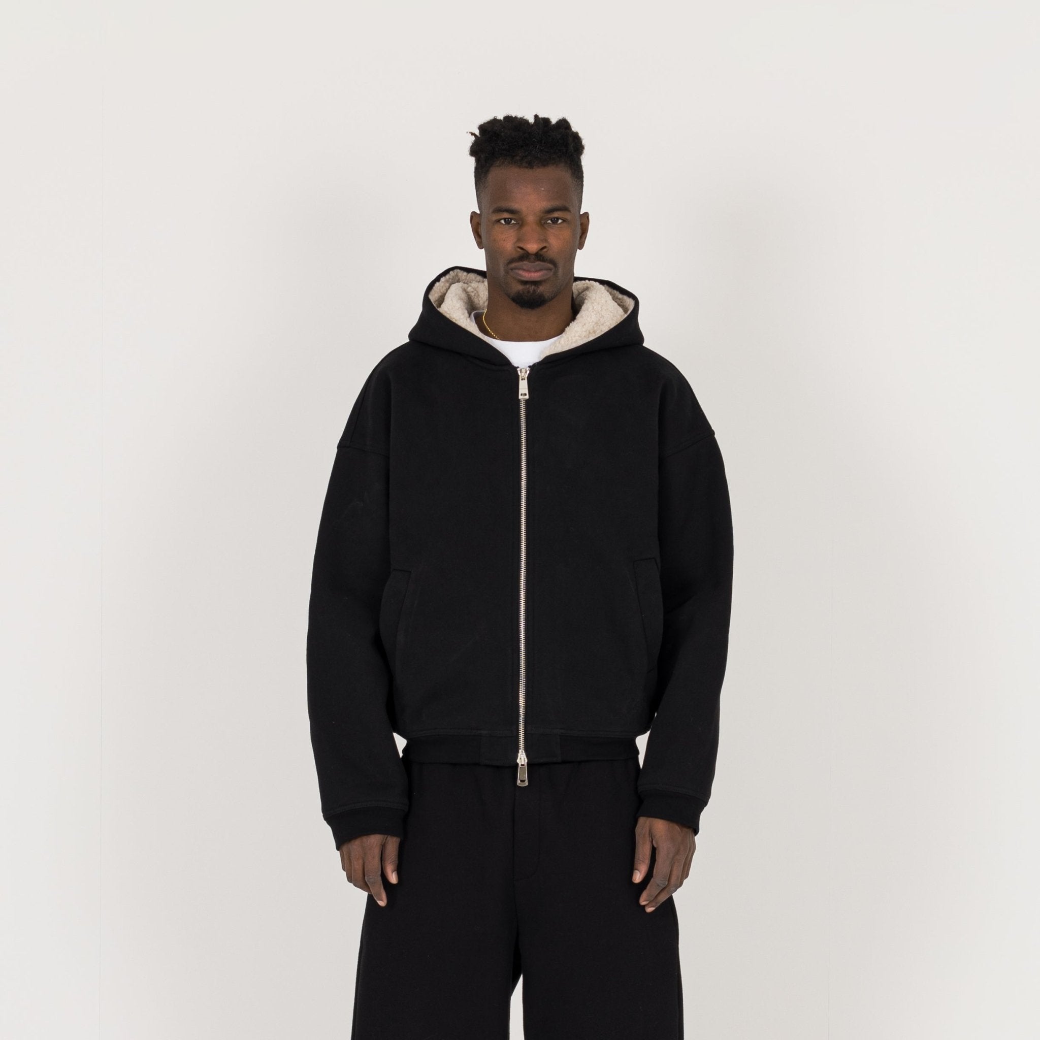 Model view of Destructive Sculpt Carbon Black Fleece Jacket