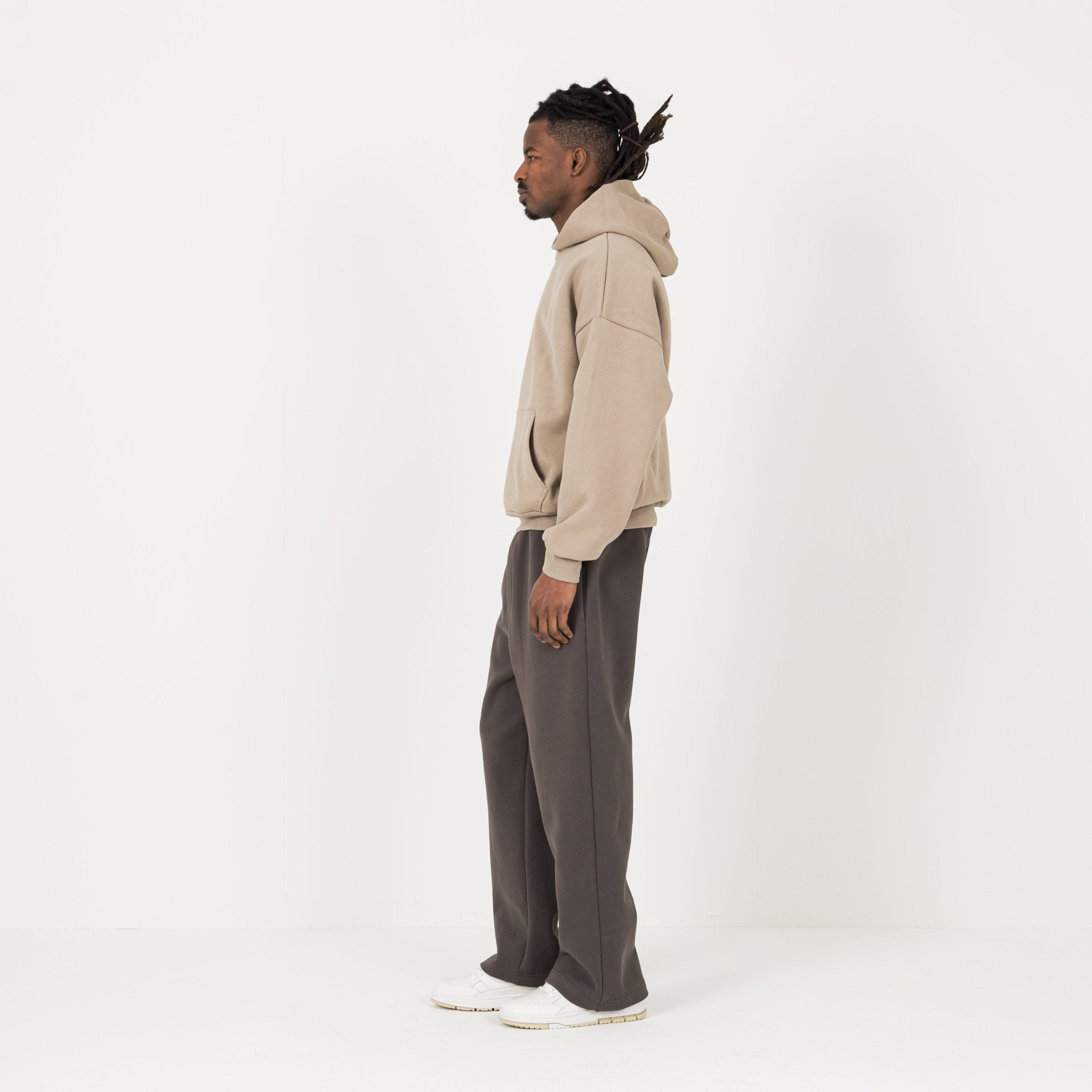 Model view of Destructive Sculpt Loam Brown Hoodie