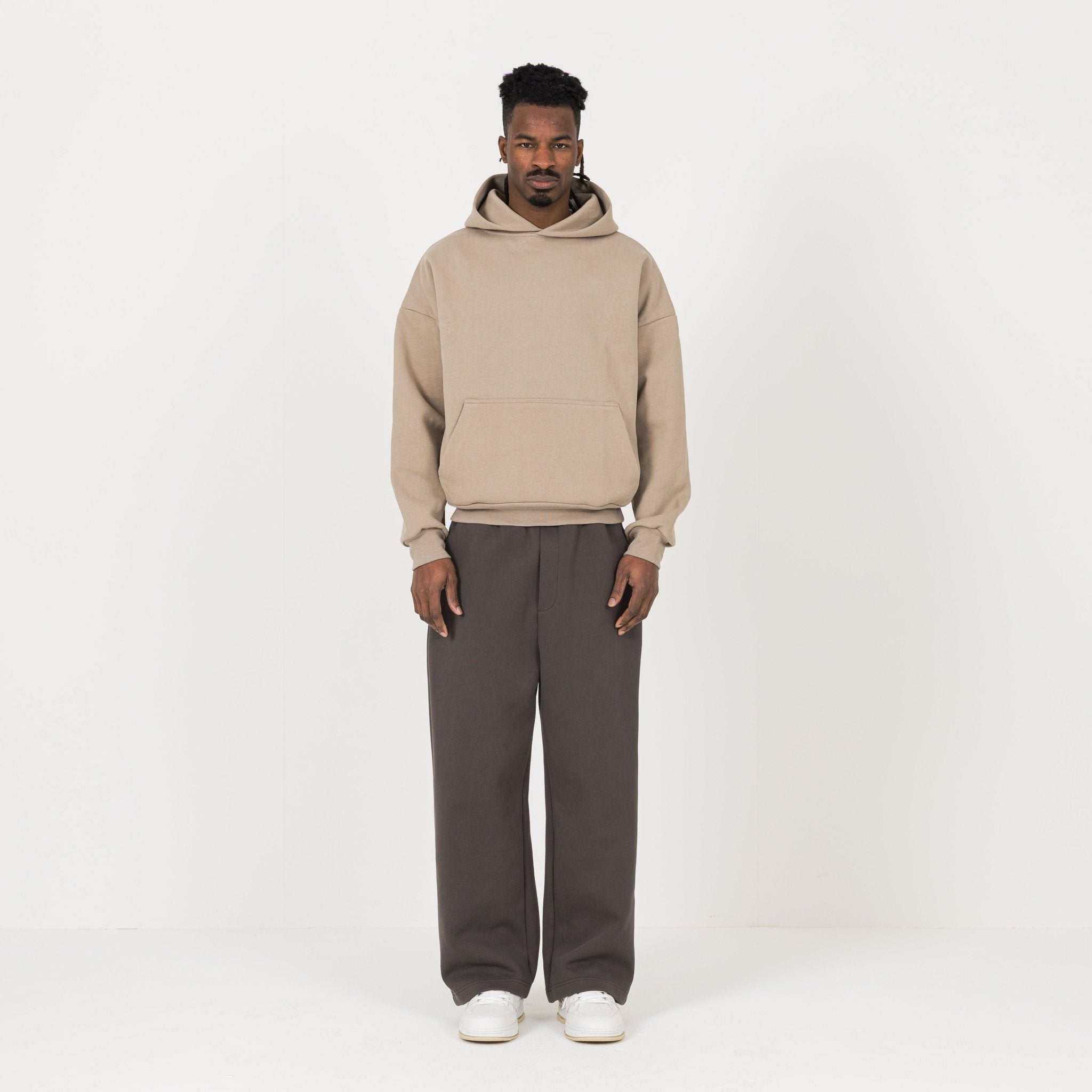 Model view of Destructive Sculpt Loam Brown Hoodie