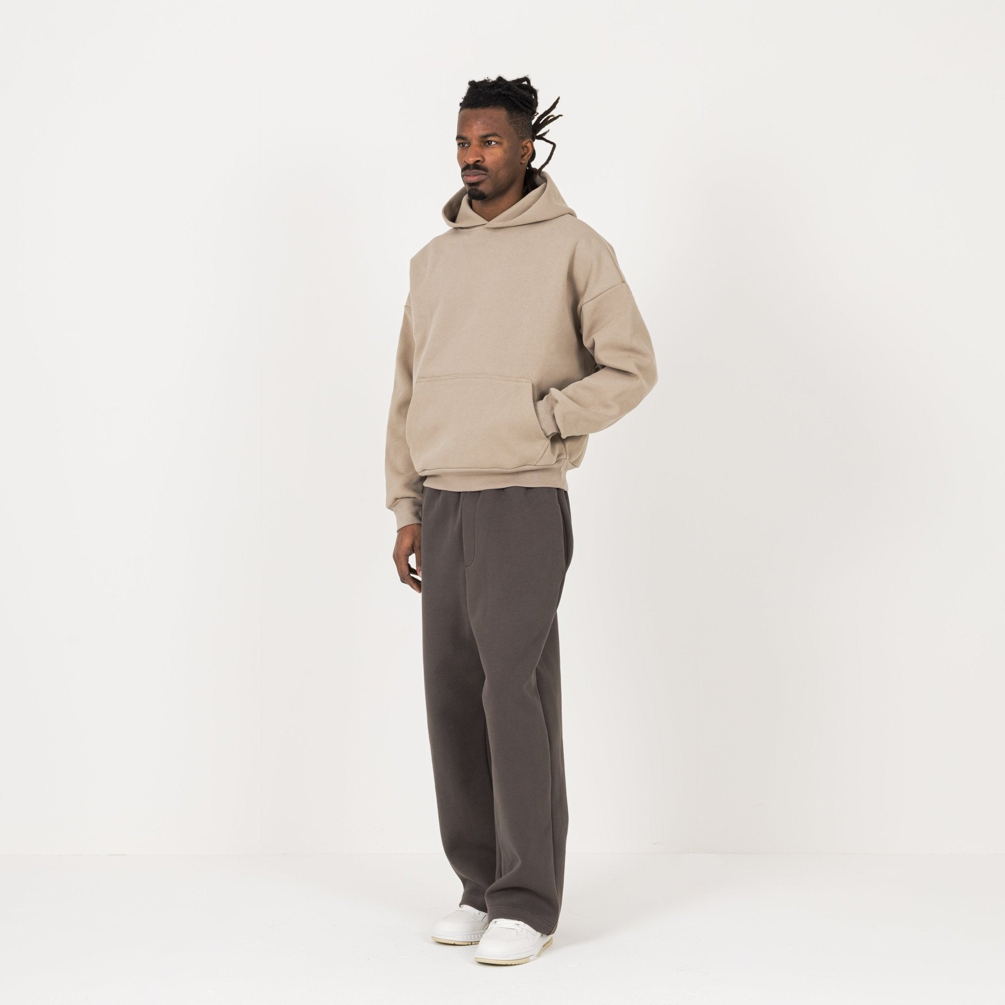 Model view of Destructive Sculpt Loam Brown Hoodie