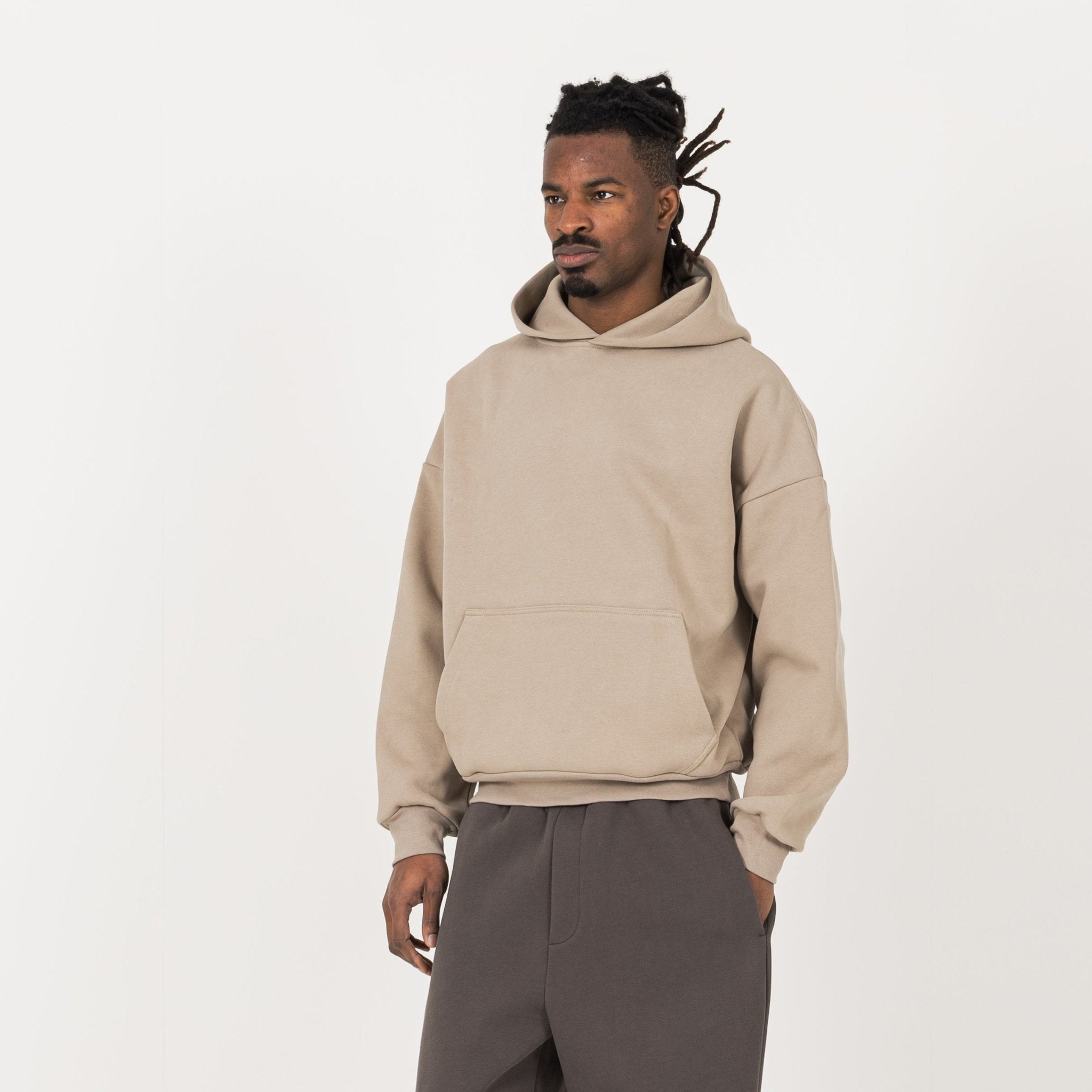 Model view of Destructive Sculpt Loam Brown Hoodie