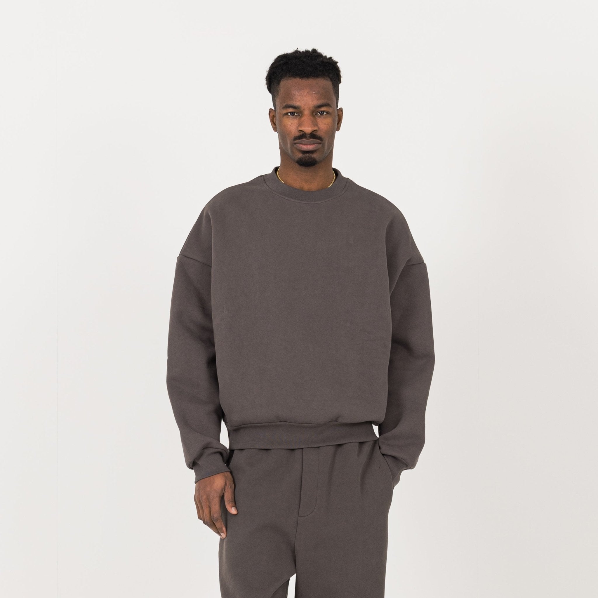 Model view of Destructive Sculpt Moor Brown Sweatshirt