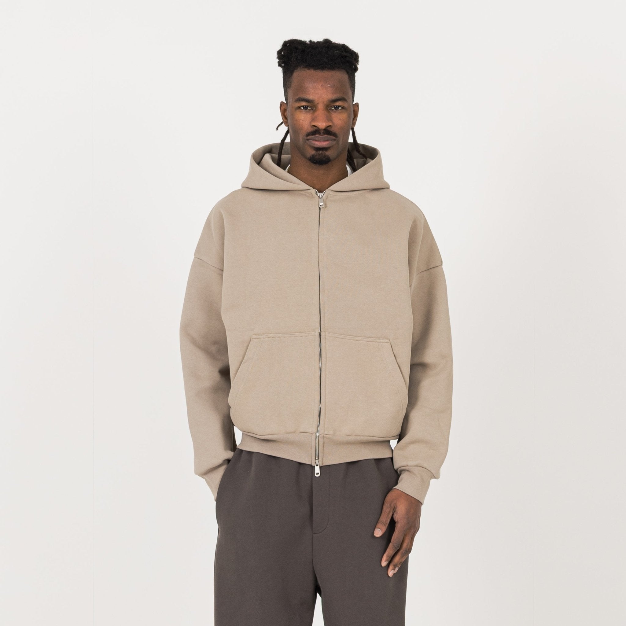 Model view of Destructive Sculpt Zip Loam Brown Hoodie