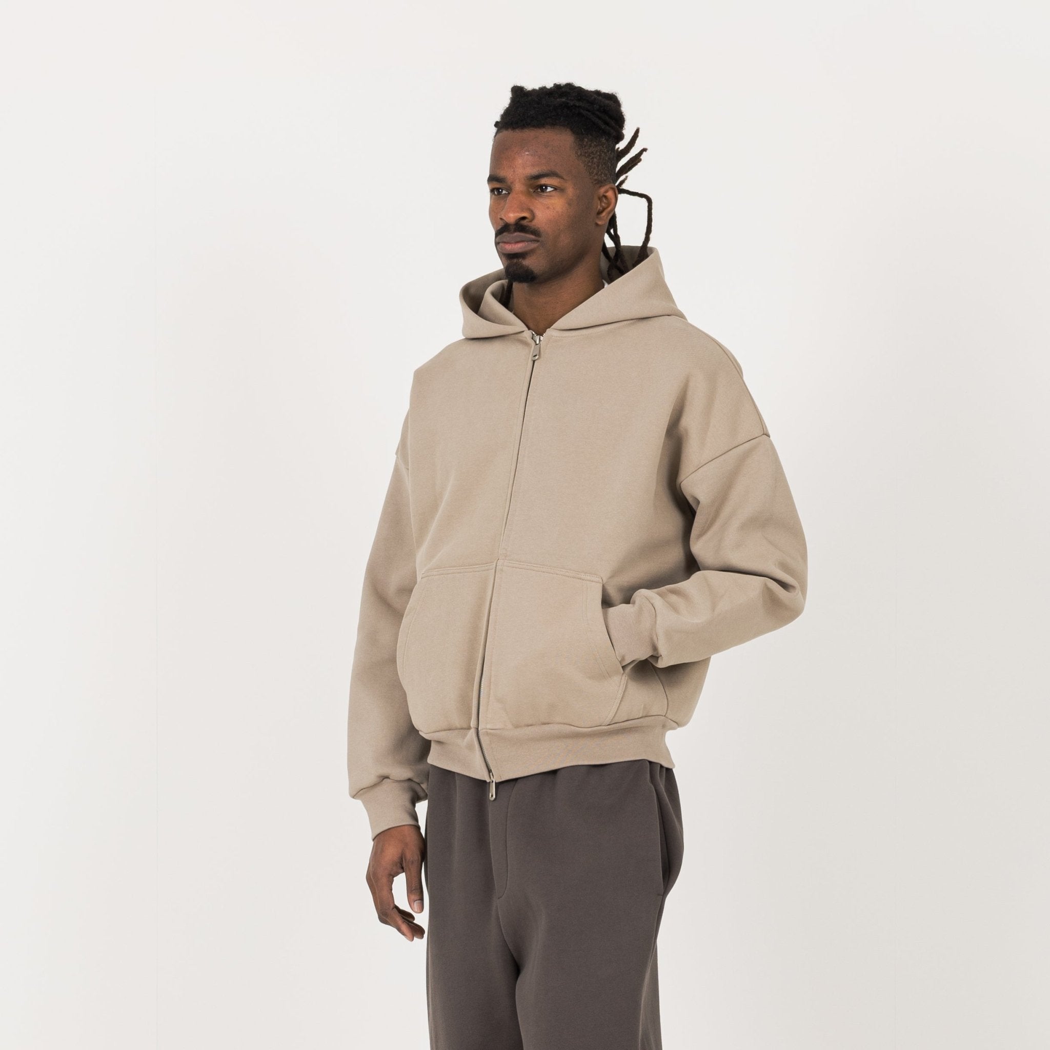 Model view of Destructive Sculpt Zip Loam Brown Hoodie