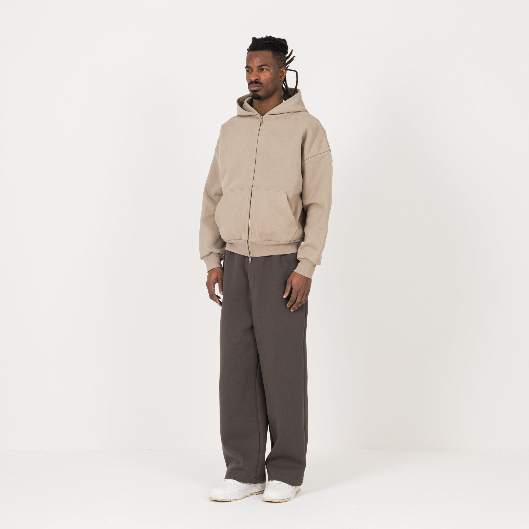 Model view of Destructive Sculpt Zip Loam Brown Hoodie