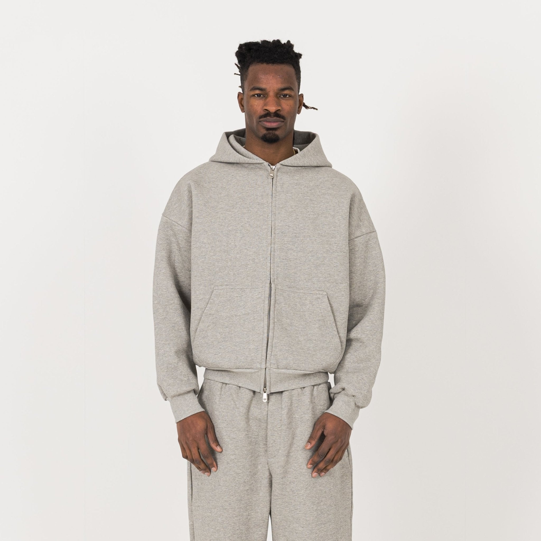 Model view of Destructive Sculpt Zip Stone Marl Hoodies