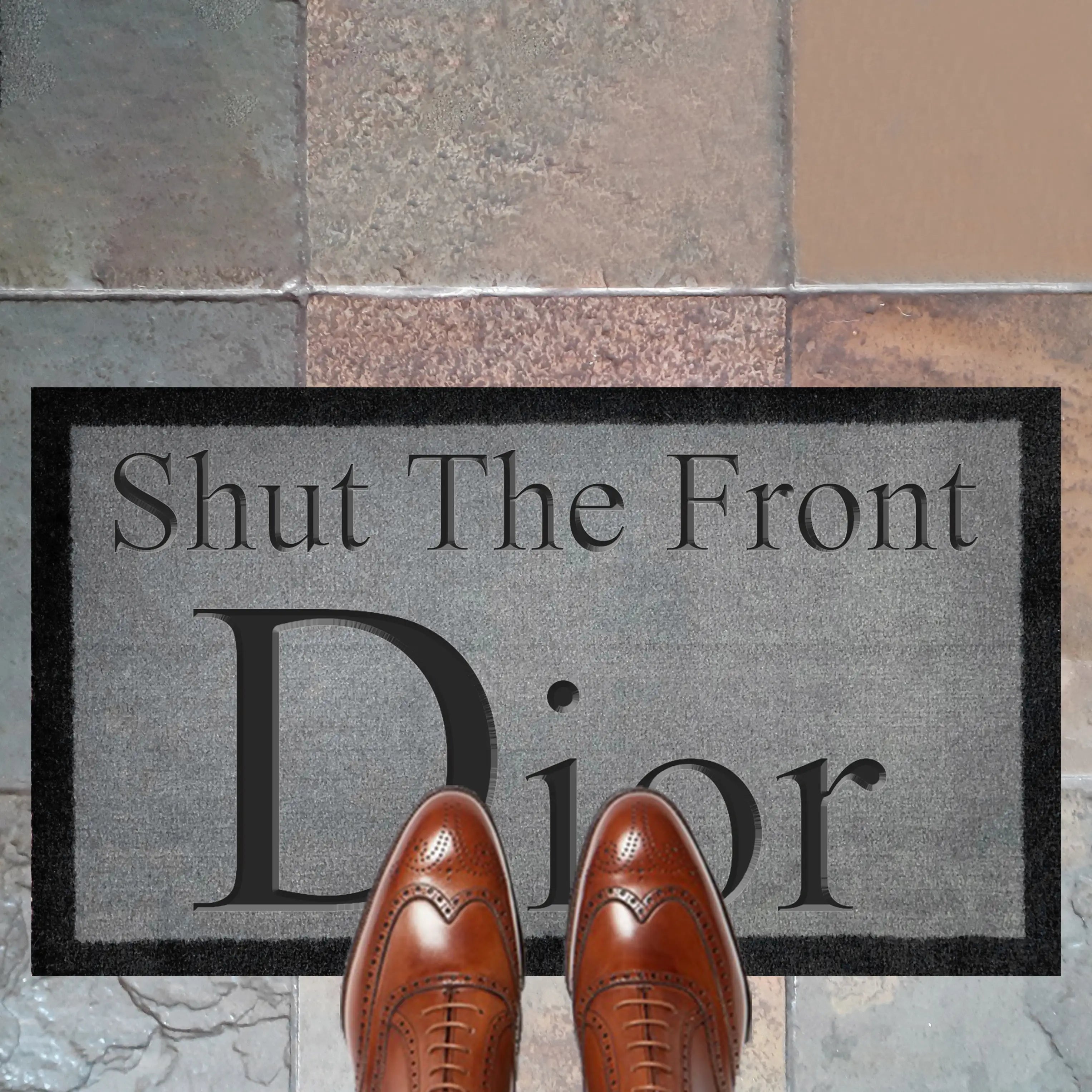 Overhead view of Dior Shut The Front Dior Light Grey Doormat 70x40cm