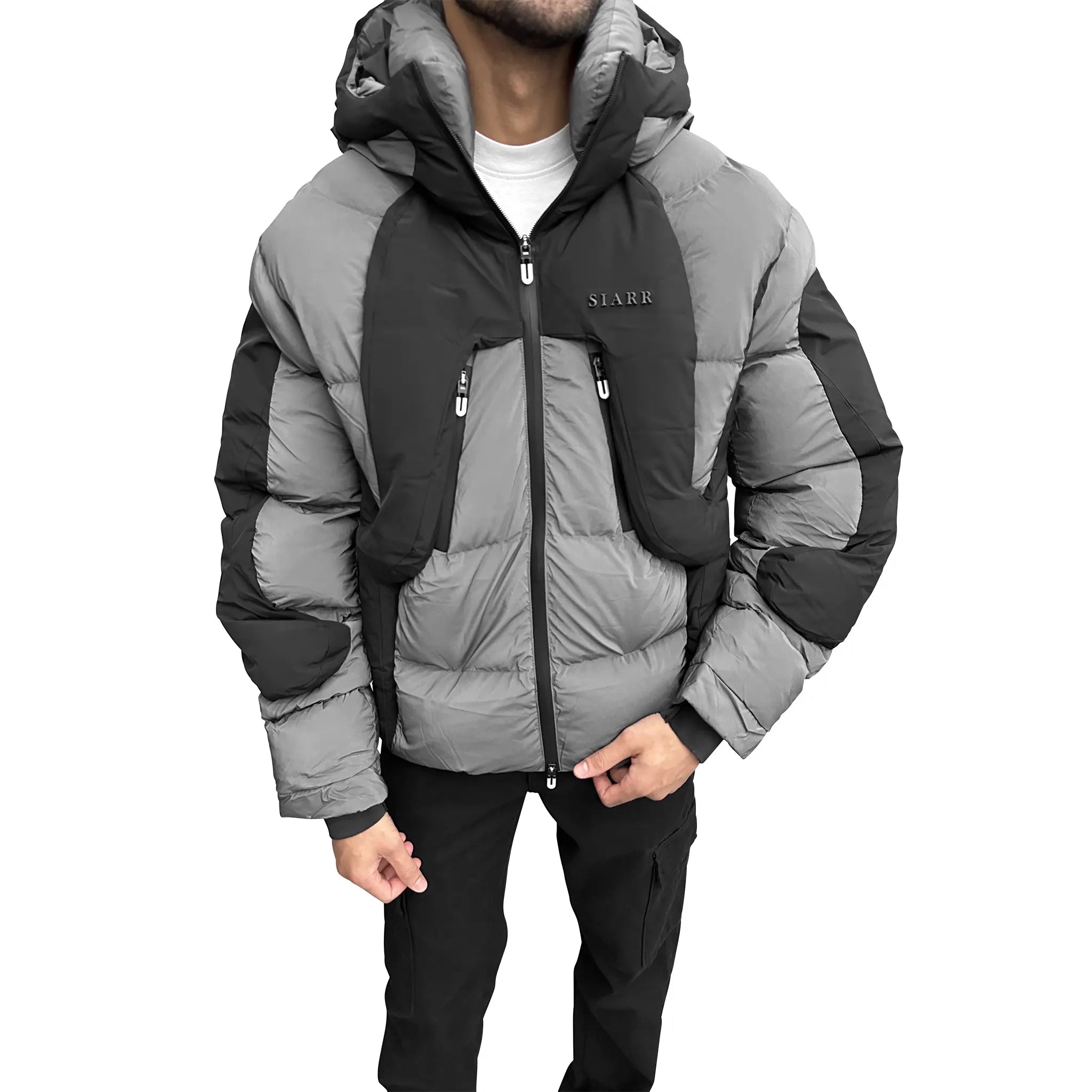 Model View of SIARR Black Grey Puffer Ski Jacket