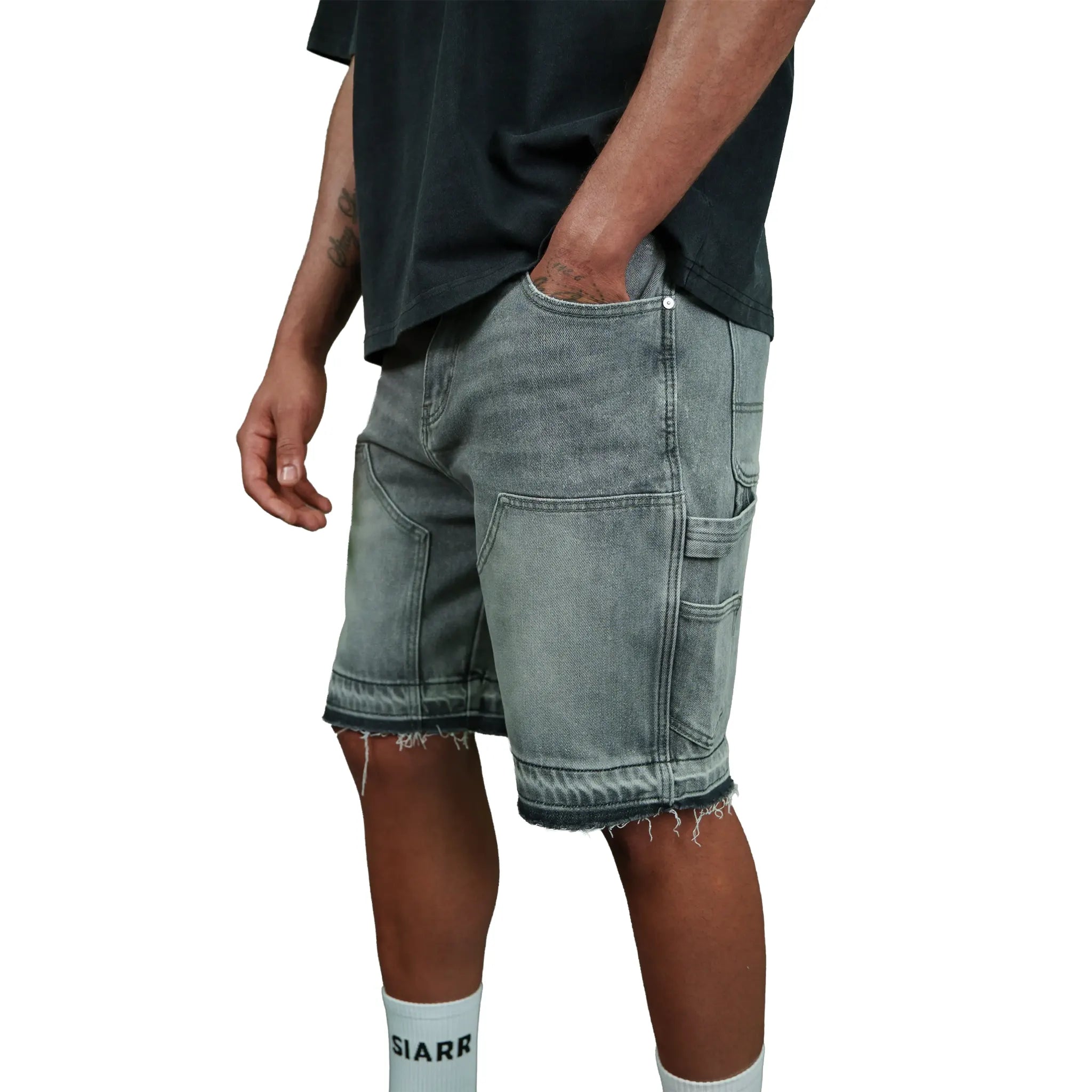 Model Side View of SIARR Carpenter Denim Shorts Light Grey